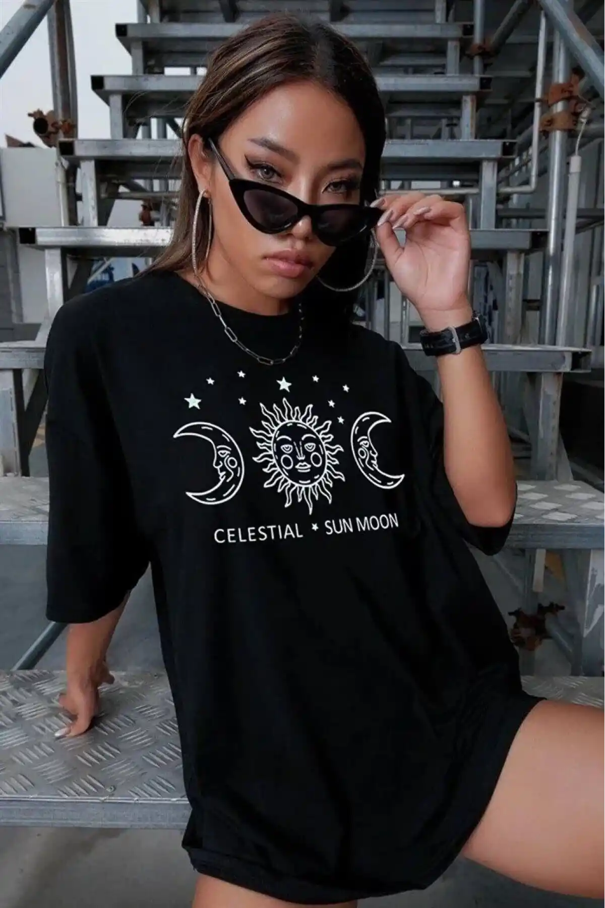 Kadın Baskılı Oversize T-Shirt - Siyah