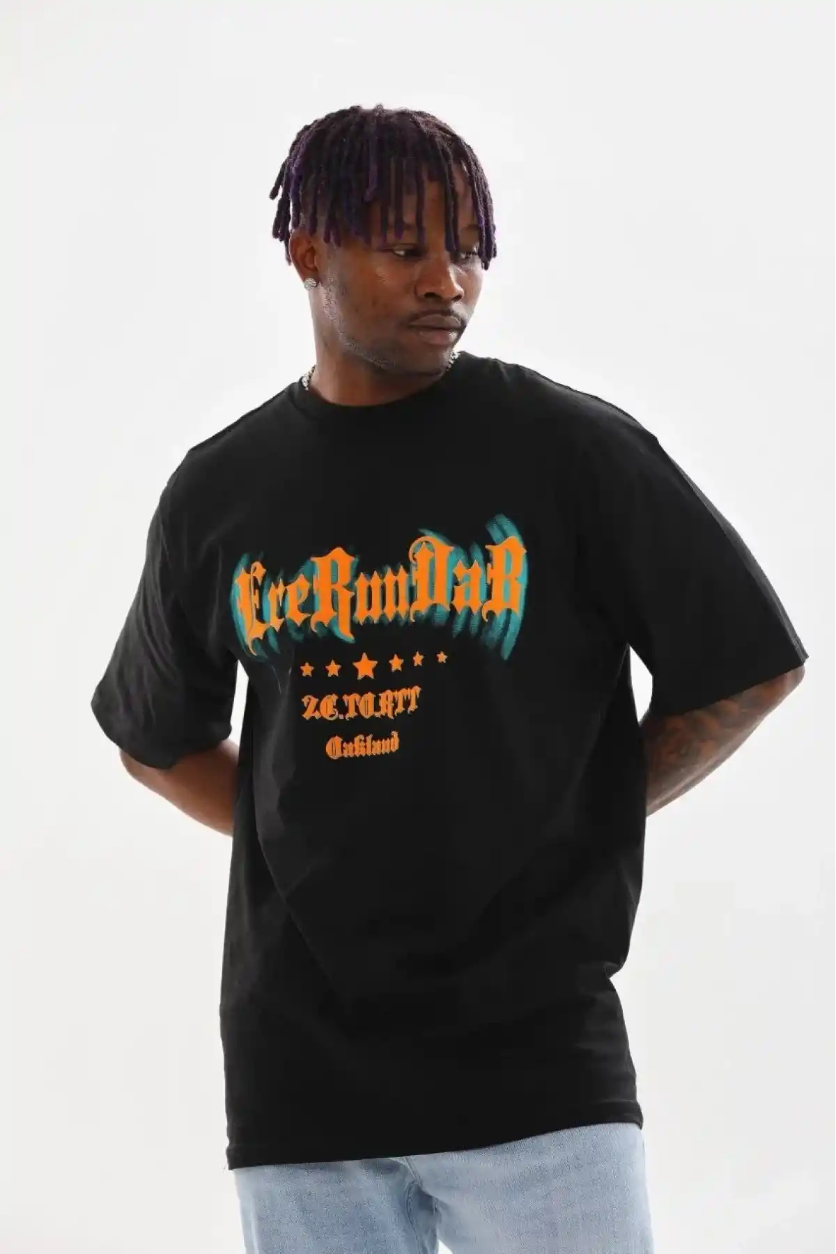 Erkek Baskılı T-Shirt Kısa Kol Bisiklet Yaka Rahat Kalıp Tişört - Siyah