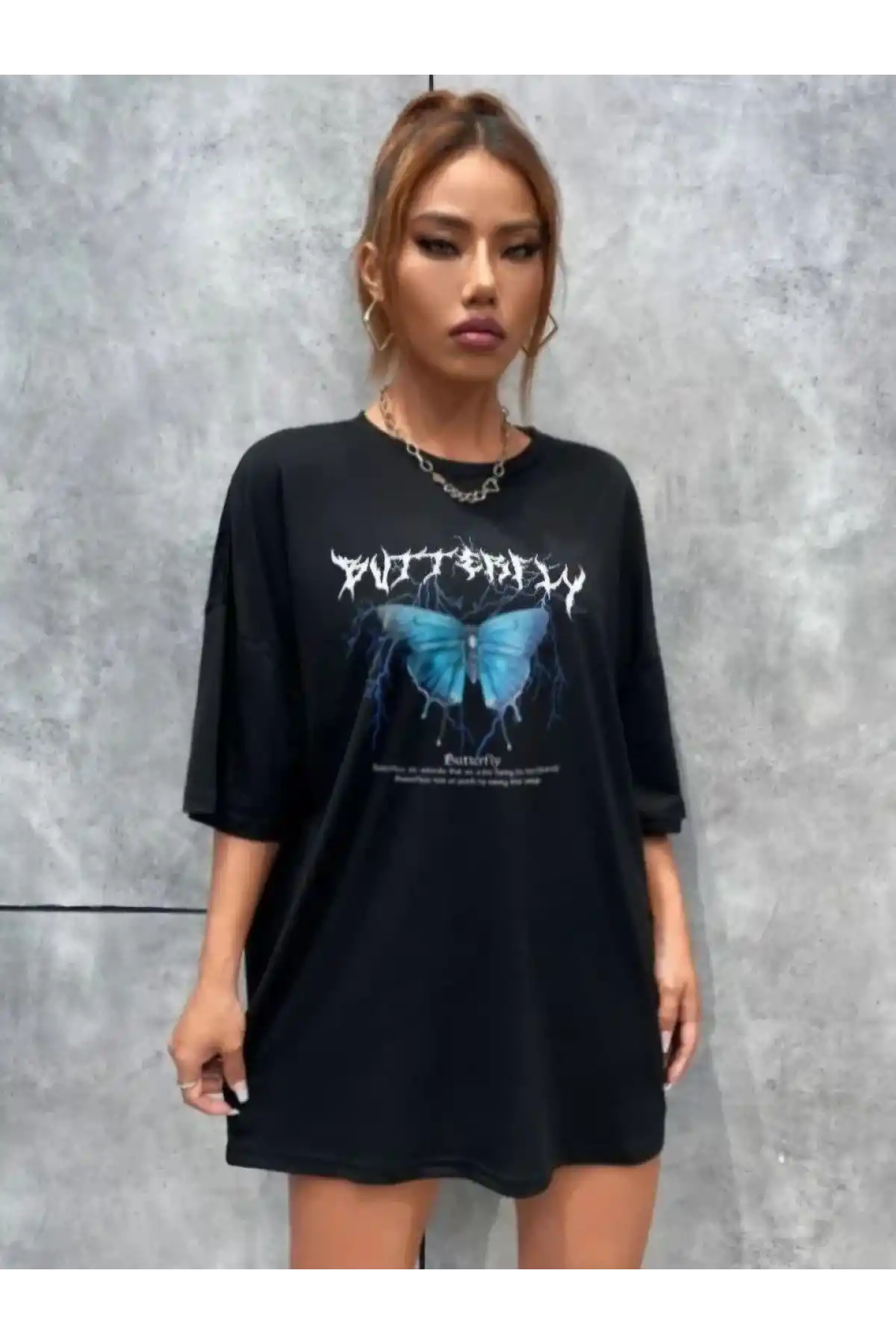 Kadın kelebek Baskılı Oversize T-Shirt - Siyah