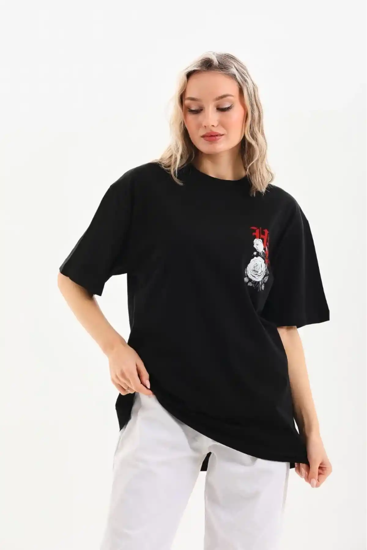 Kadın Kısa Kol Yazlık Tişört Bisiklet Yaka Baskılı Oversize T-Shirt - Siyah