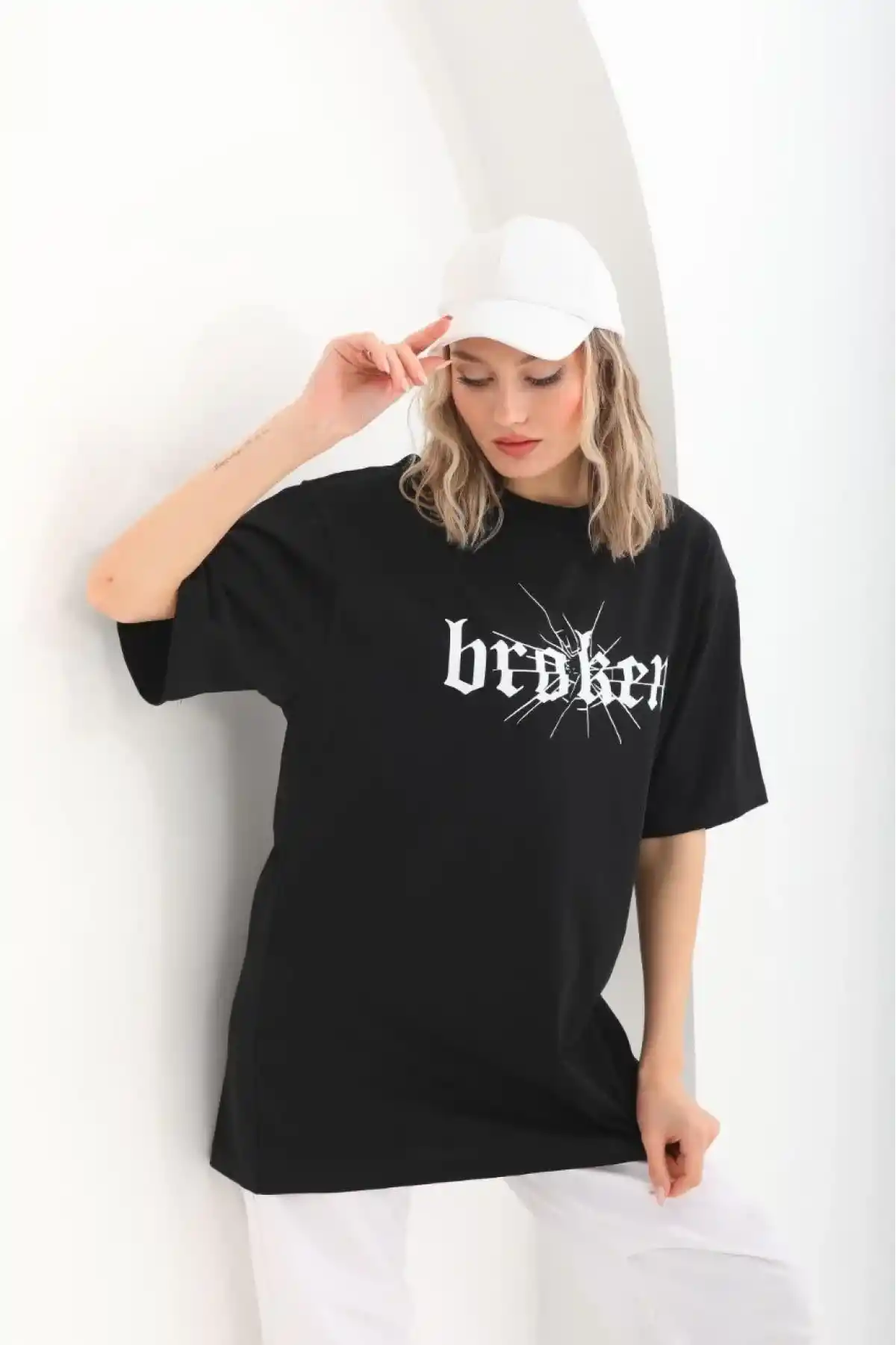 Kadın Baskılı Oversize T-Shirt - Siyah