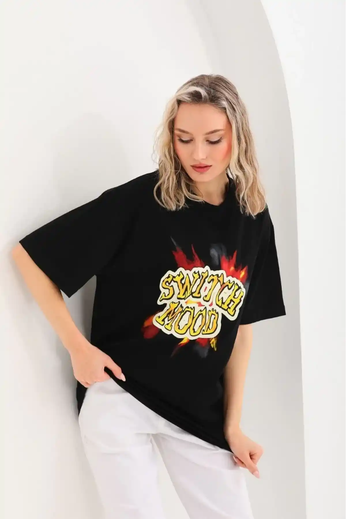 Kadın Baskılı Oversize T-Shirt - Siyah