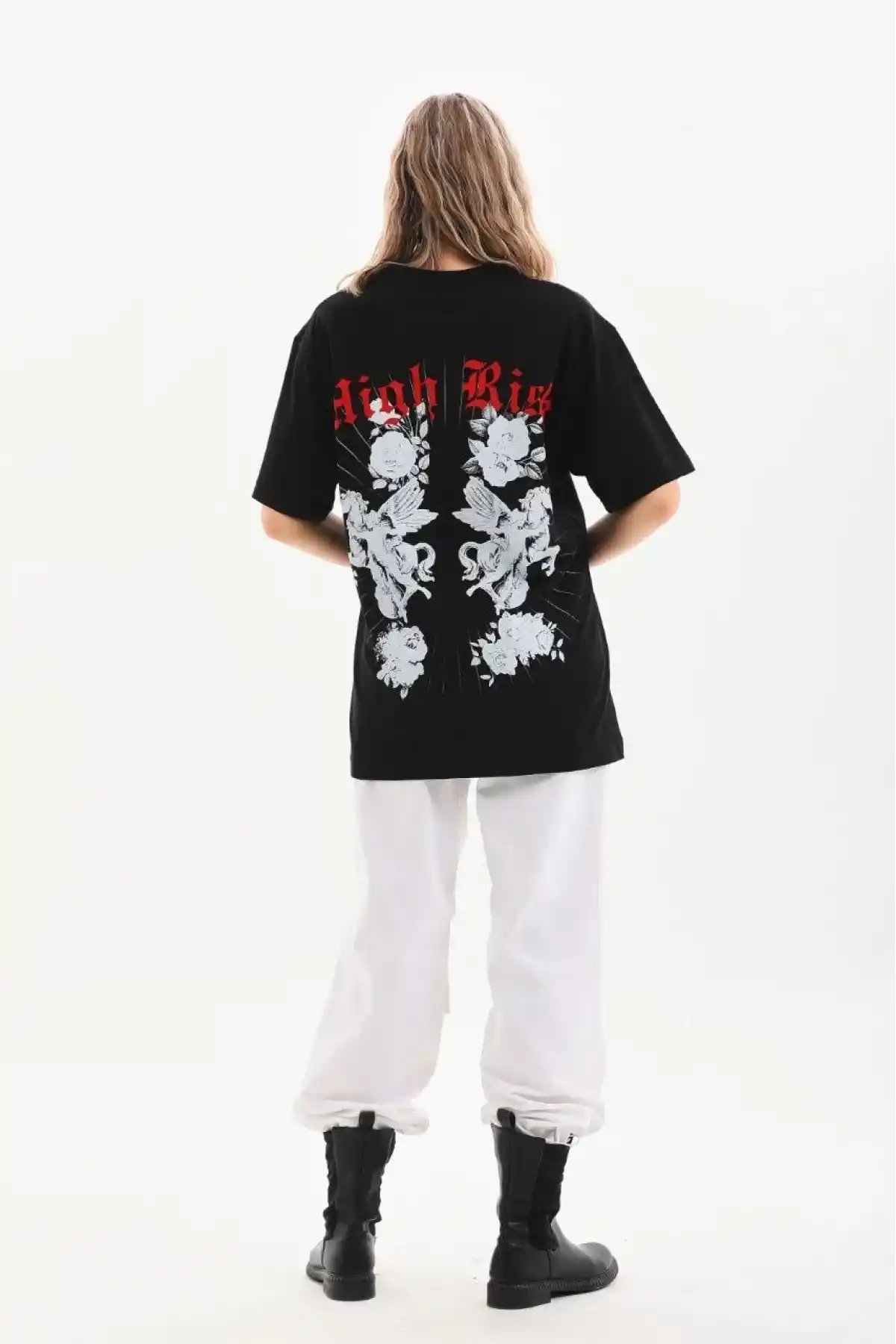 Kadın Kısa Kol Yazlık Tişört Bisiklet Yaka Baskılı Oversize T-Shirt - Siyah