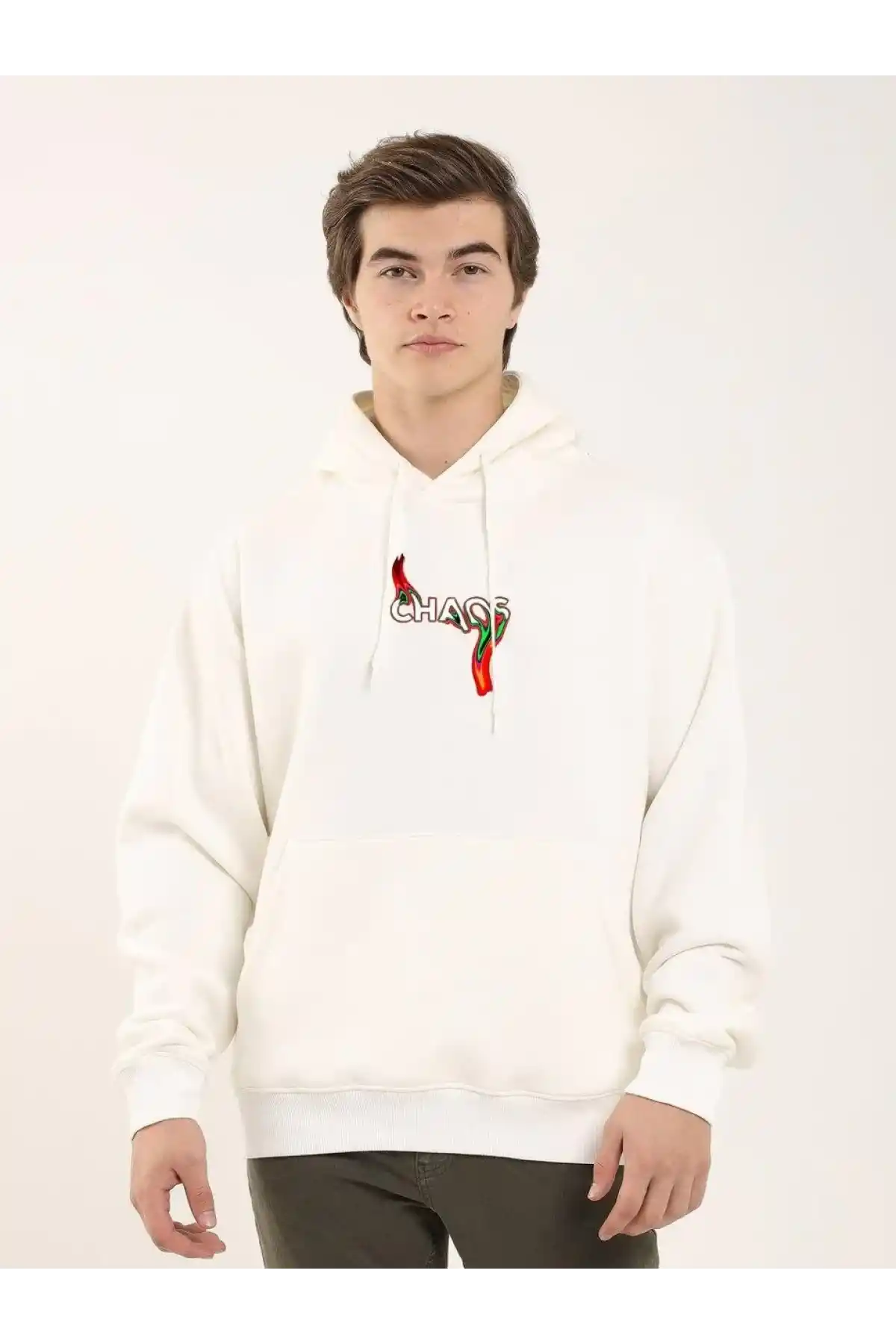 Unisex Baskılı Oversize Üç İplik Kapüşonlu Sweatshirt - Beyaz