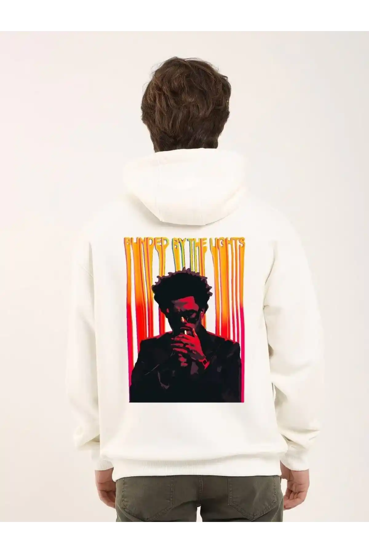 Unisex Baskılı Oversize Üç İplik Kapüşonlu Sweatshirt - Beyaz