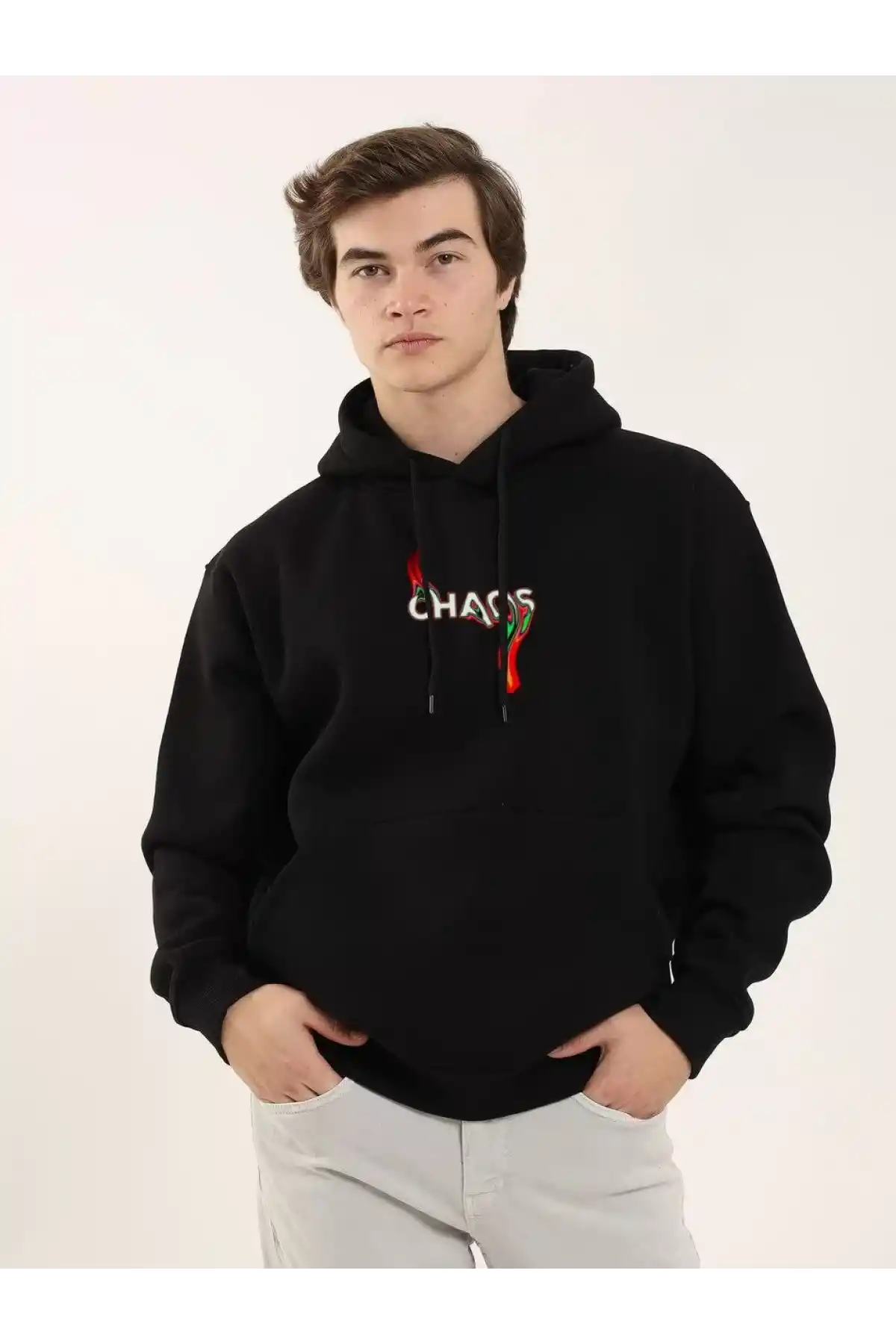 Unisex Baskılı Oversize Üç İplik Kapüşonlu Sweatshirt - Siyah