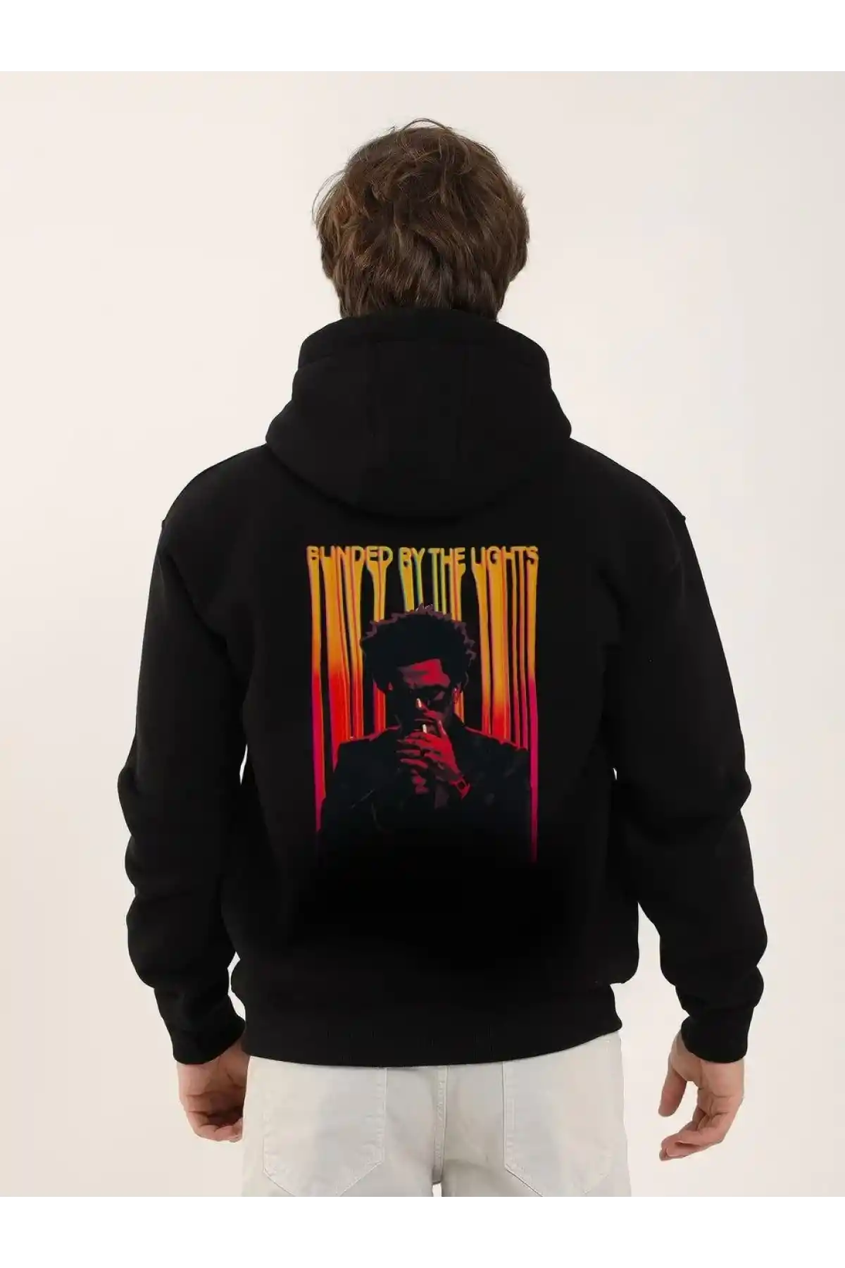 ERKEK Baskılı Oversize Üç İplik Kapüşonlu Sweatshirt - Siyah