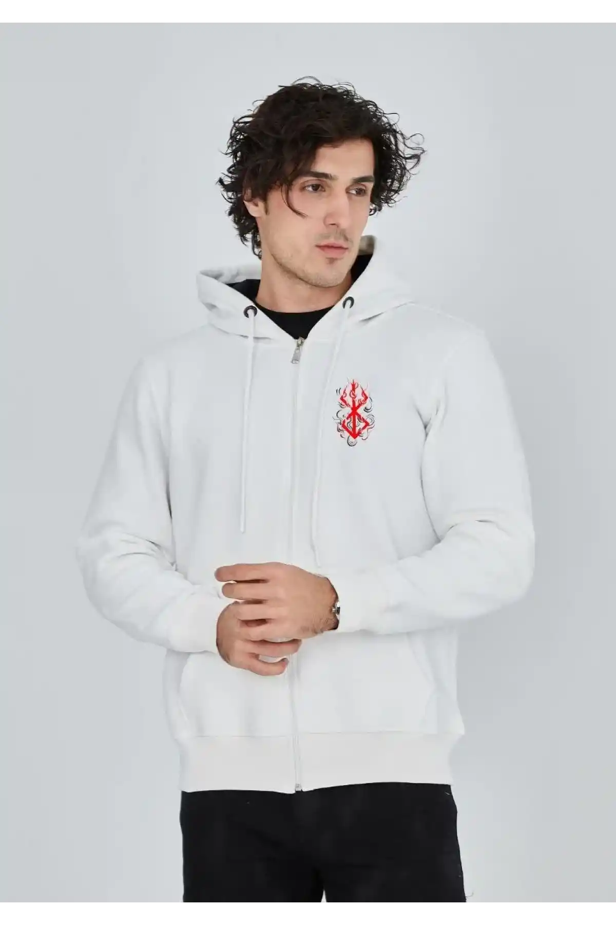 ERKEK Baskılı Tam Fermuarlı Kapşonlu SweatShirt - Beyaz