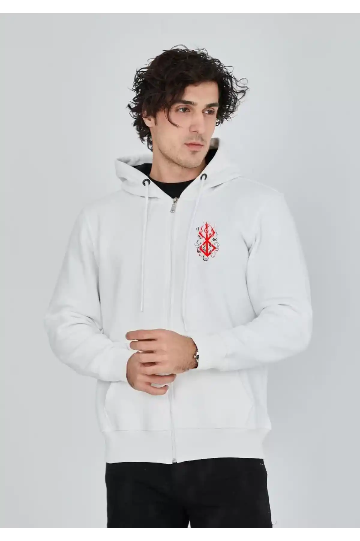 Unisex Baskılı Tam Fermuarlı Kapşonlu SweatShirt - Beyaz