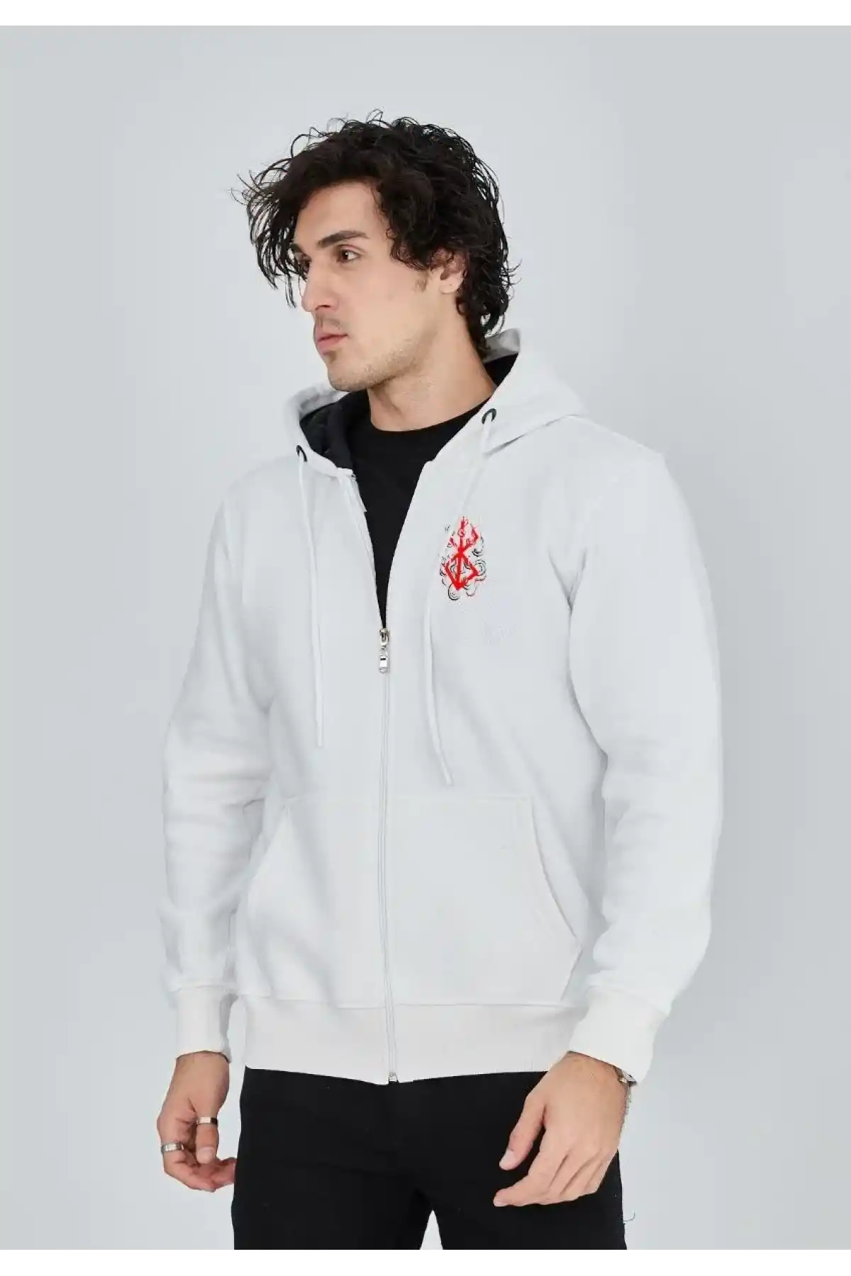 ERKEK Baskılı Tam Fermuarlı Kapşonlu SweatShirt - Beyaz