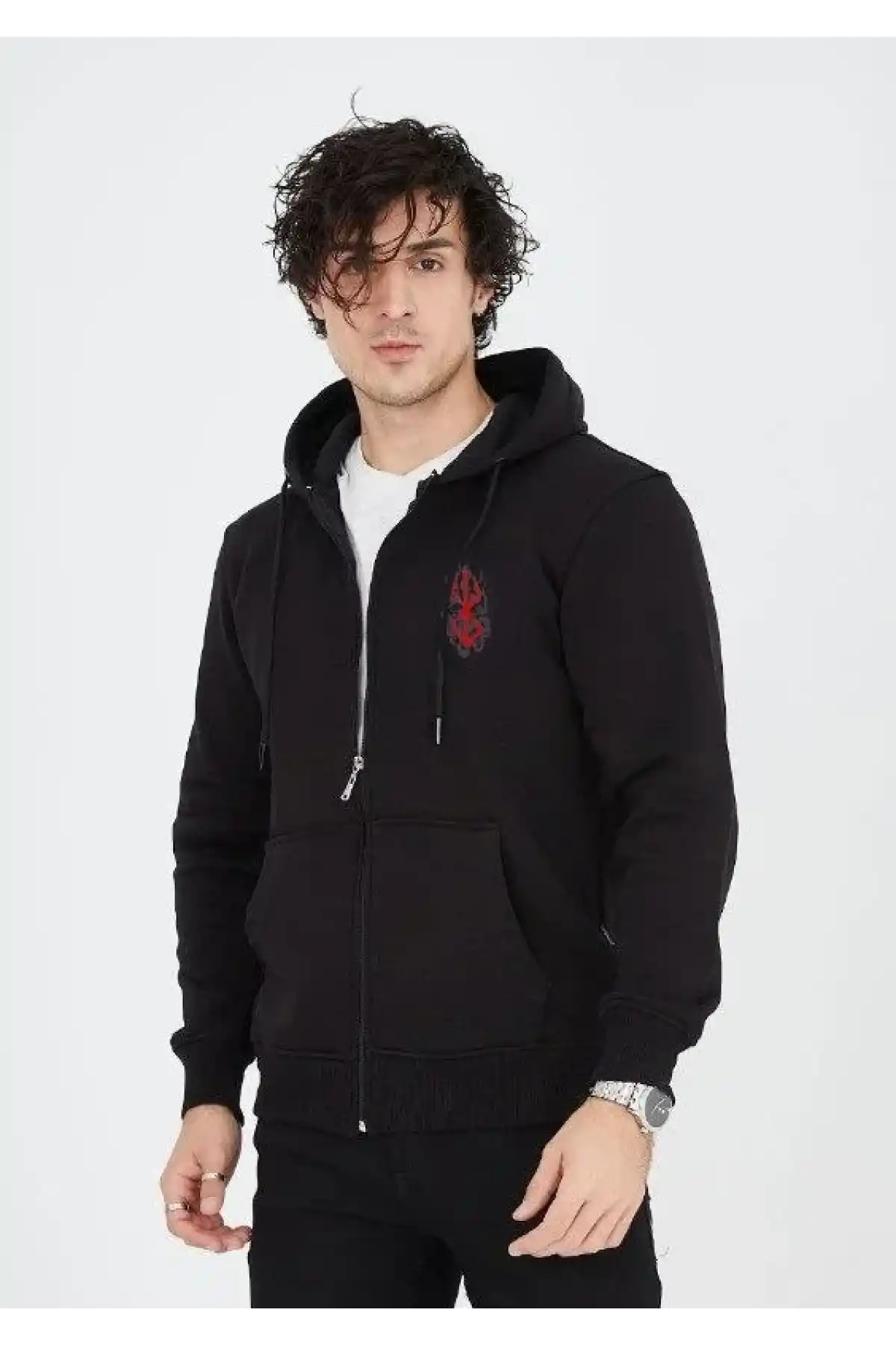 ERKEK Baskılı Tam Fermuarlı Kapşonlu SweatShirt - Siyah