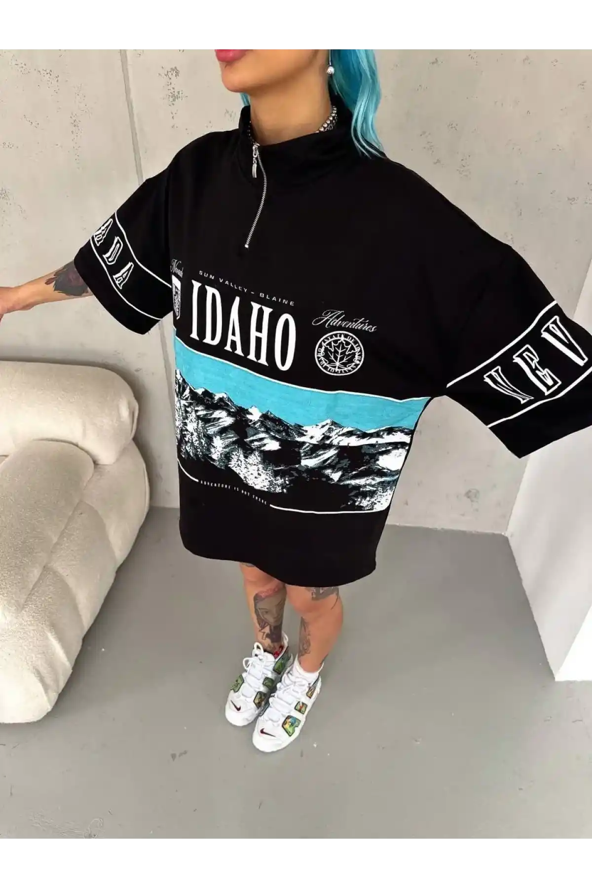 Unisex Baskılı Yarım Fermuarlı T-Shirt - Siyah