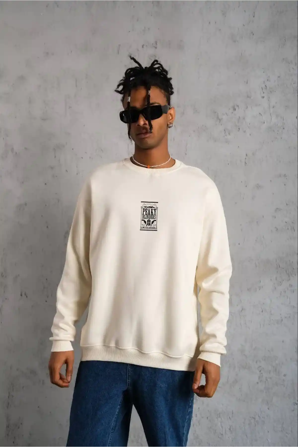 ERKEK Bisiklet Yaka Baskılı Oversize Sweatshirt - Beyaz