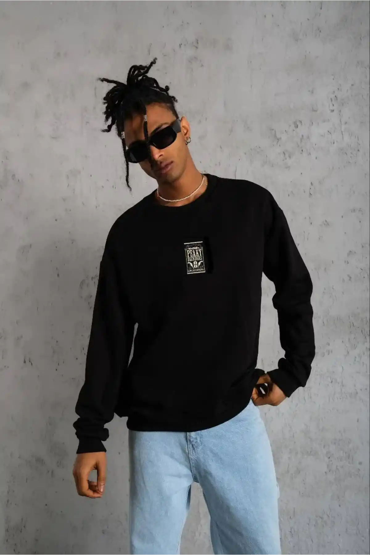ERKEK Bisiklet Yaka Baskılı Oversize Sweatshirt - Siyah