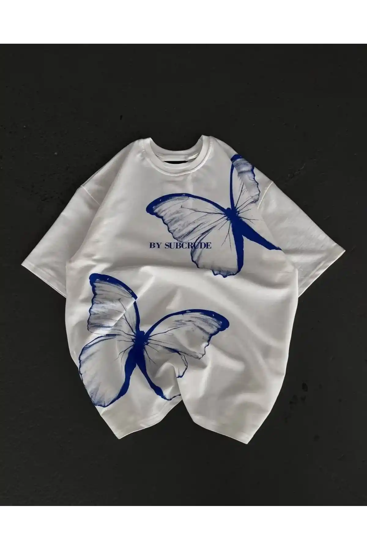 kadın  Bisiklet Yaka Baskılı Oversize T-Shirt - Beyaz