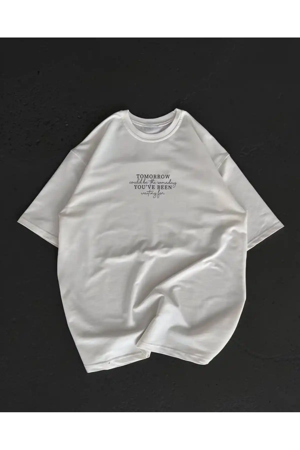 kadın  Bisiklet Yaka Baskılı Oversize T-Shirt - Beyaz