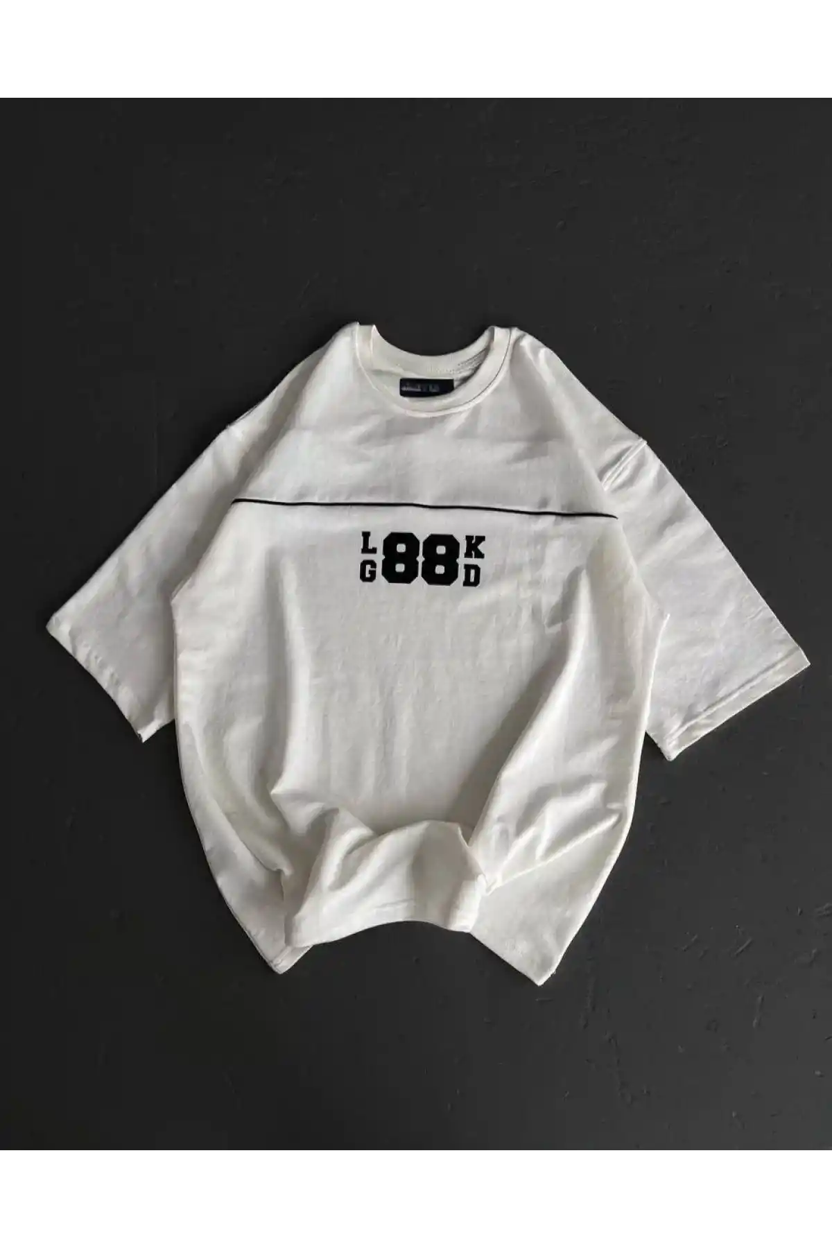 kadın  Bisiklet Yaka Baskılı Oversize T-Shirt - Beyaz