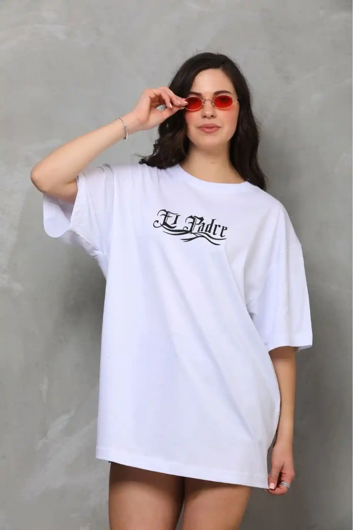 kadın Bisiklet Yaka Baskılı Oversize T-Shirt - Beyaz