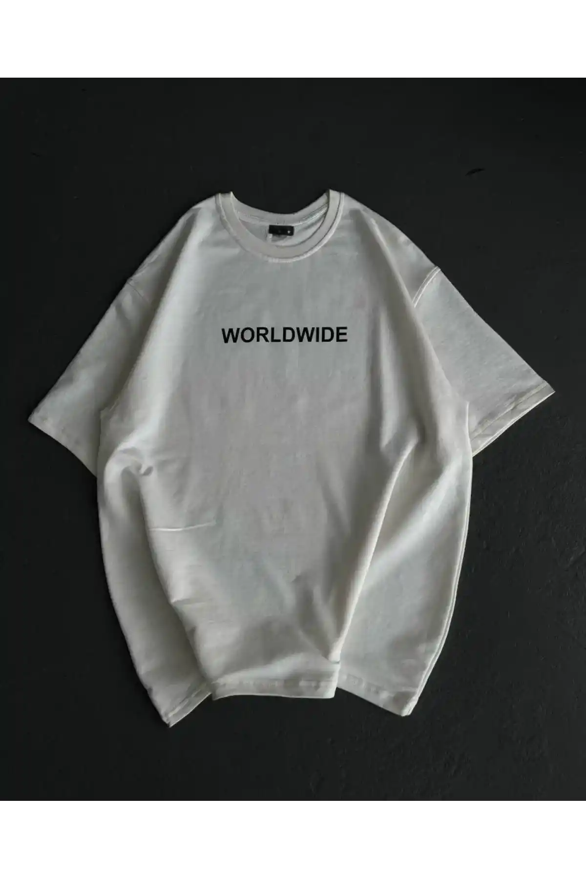 kadın Bisiklet Yaka Baskılı Oversize T-Shirt - Beyaz