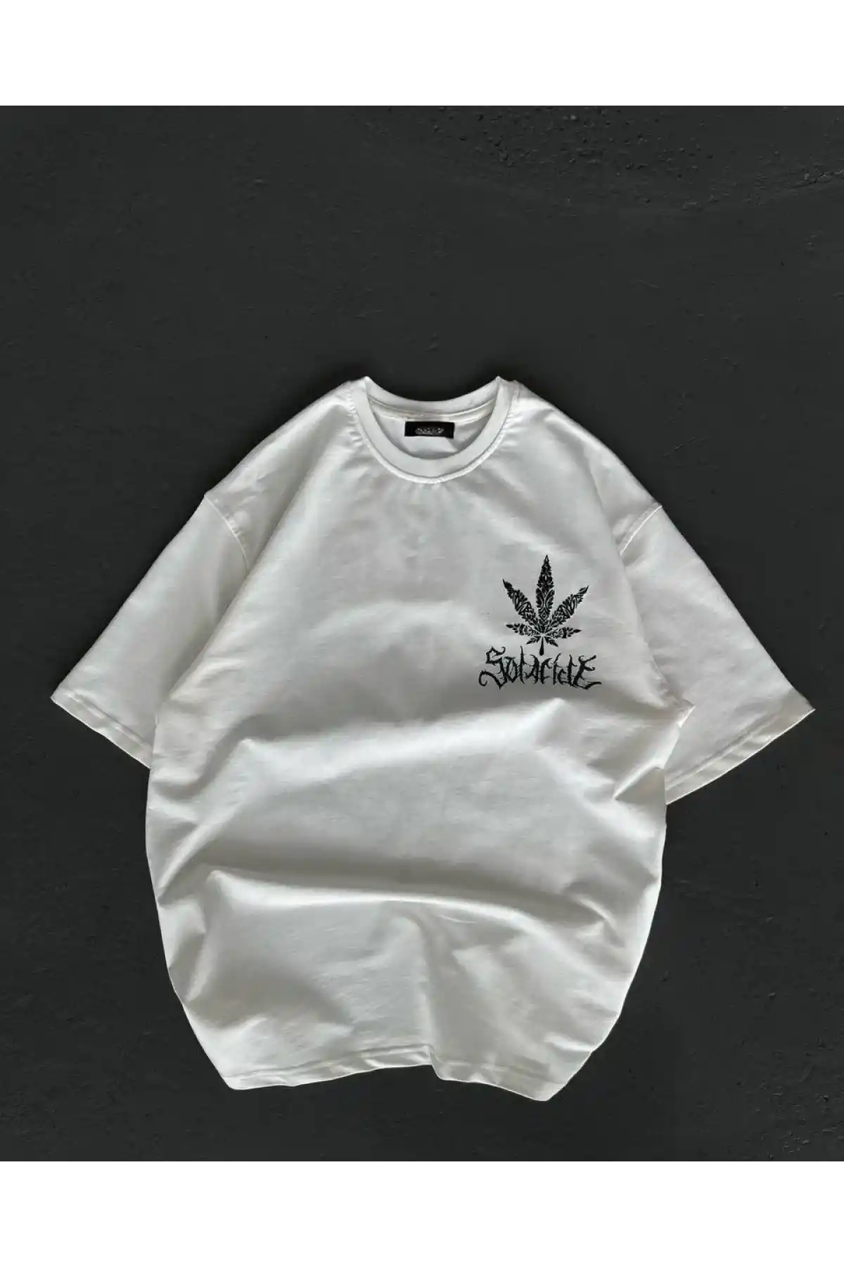 kadın Bisiklet Yaka Baskılı Oversize T-Shirt - Beyaz