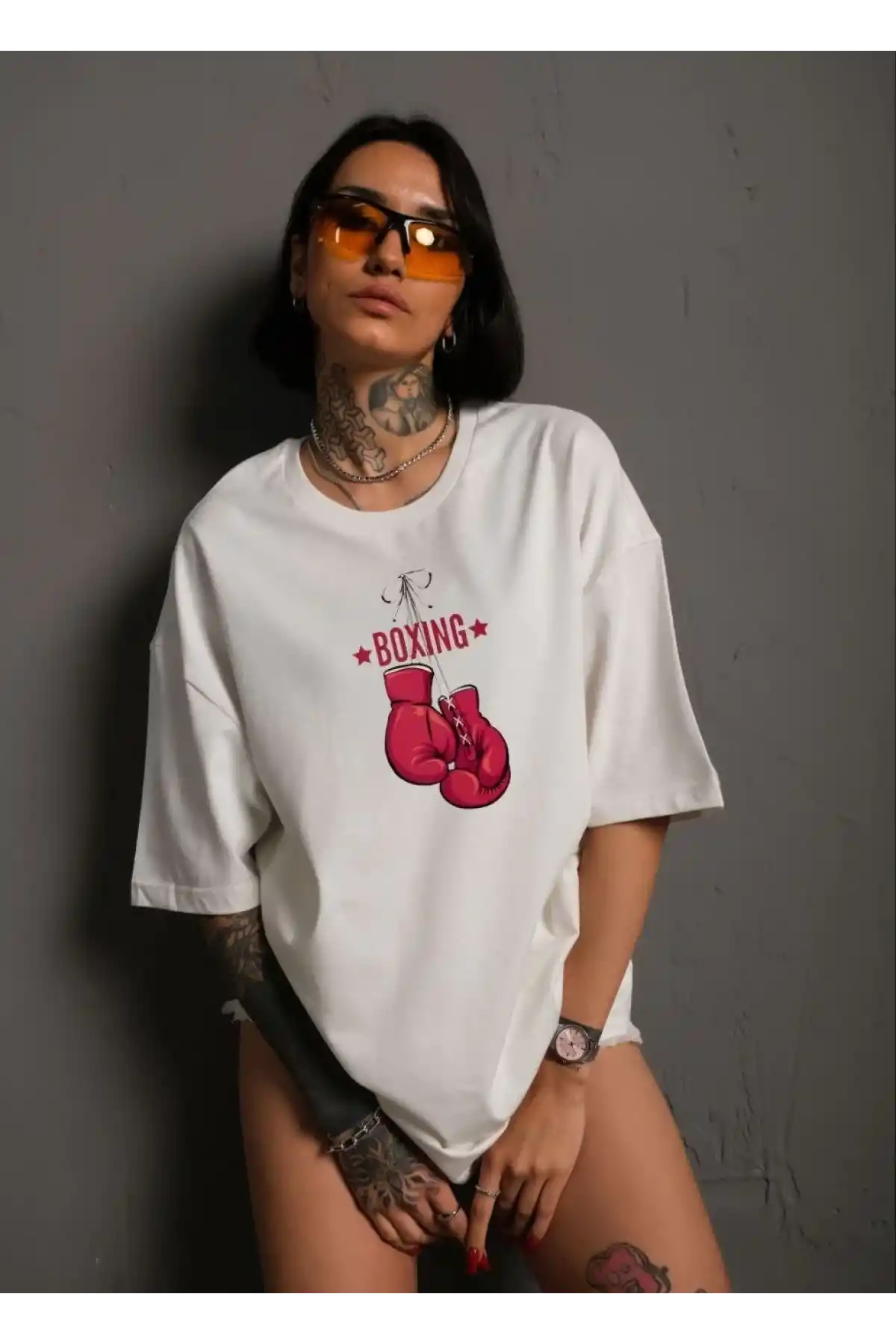 kadın  Bisiklet Yaka Baskılı Oversize T-Shirt - Beyaz