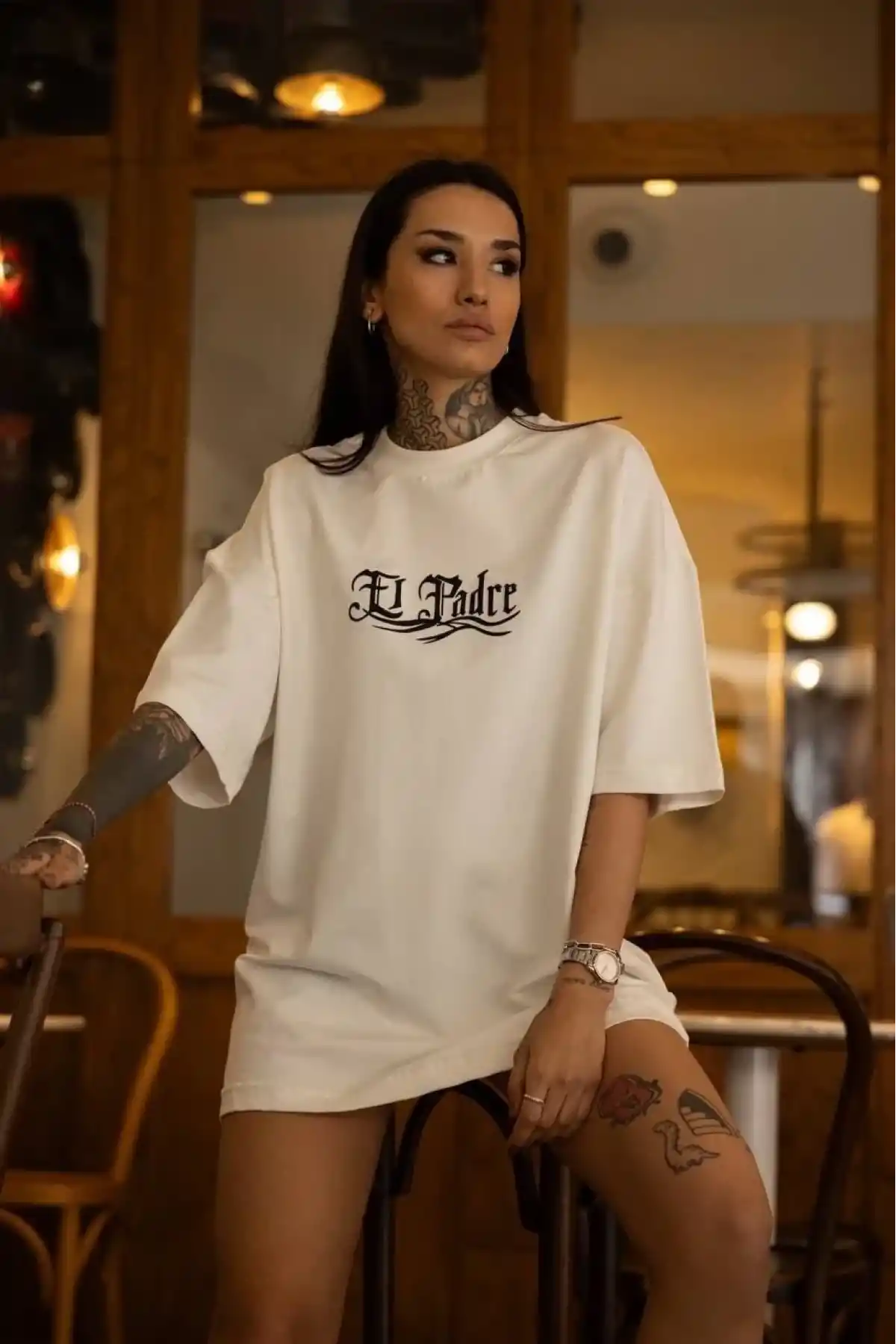 kadın  Bisiklet Yaka Baskılı Oversize T-Shirt - Beyaz