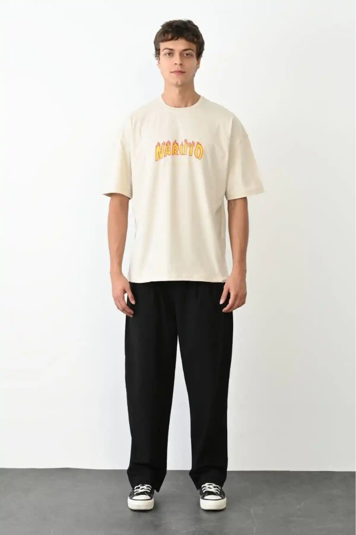 ERKEK Bisiklet Yaka Baskılı Oversize T-Shirt - Beyaz