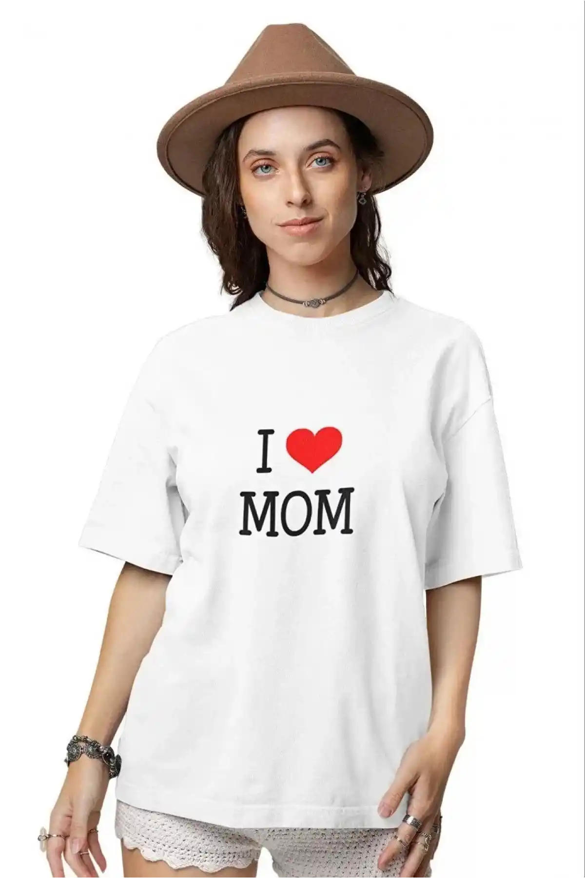 kadın  Bisiklet Yaka Baskılı Oversize T-Shirt - Beyaz