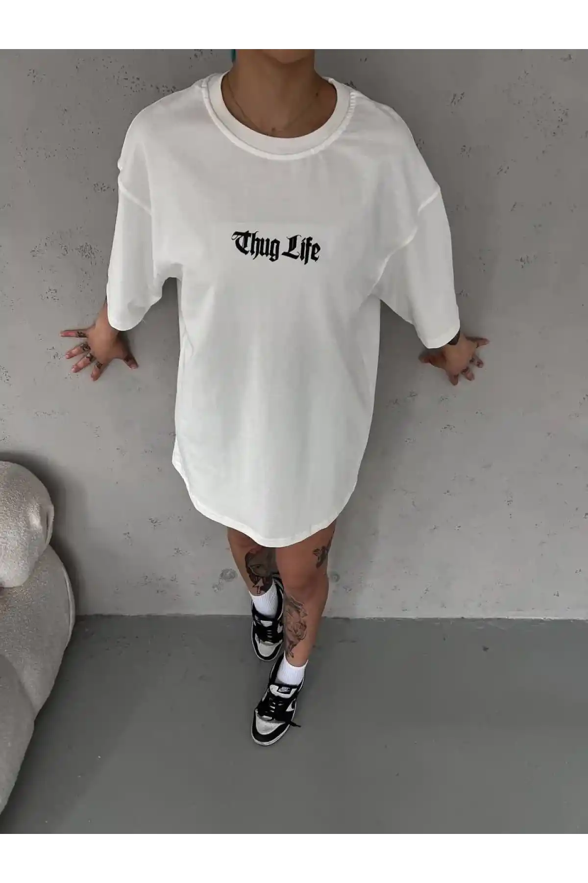 kadın  Bisiklet Yaka Baskılı Oversize T-Shirt - Beyaz