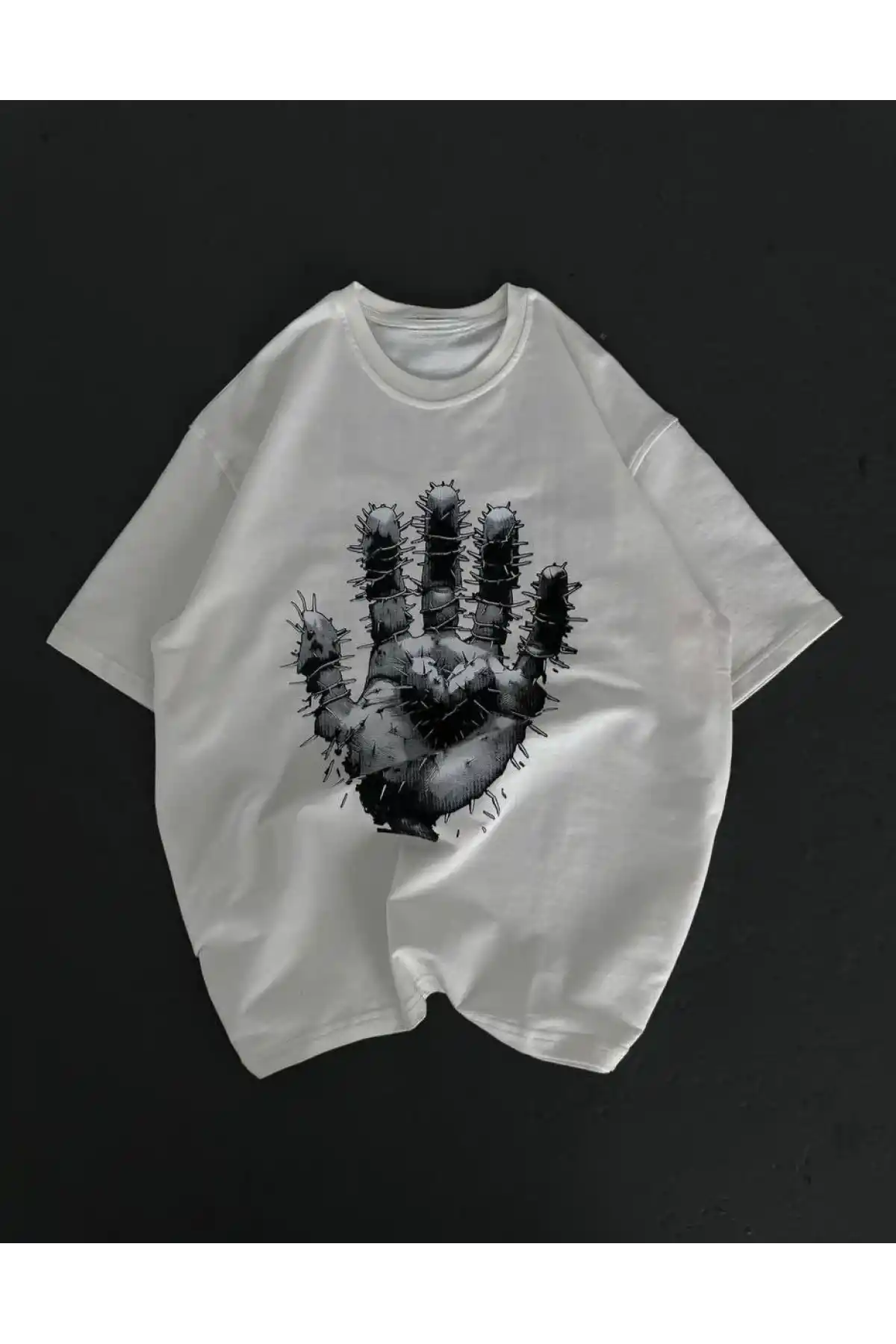 kadın Bisiklet Yaka Baskılı Oversize T-Shirt - Beyaz