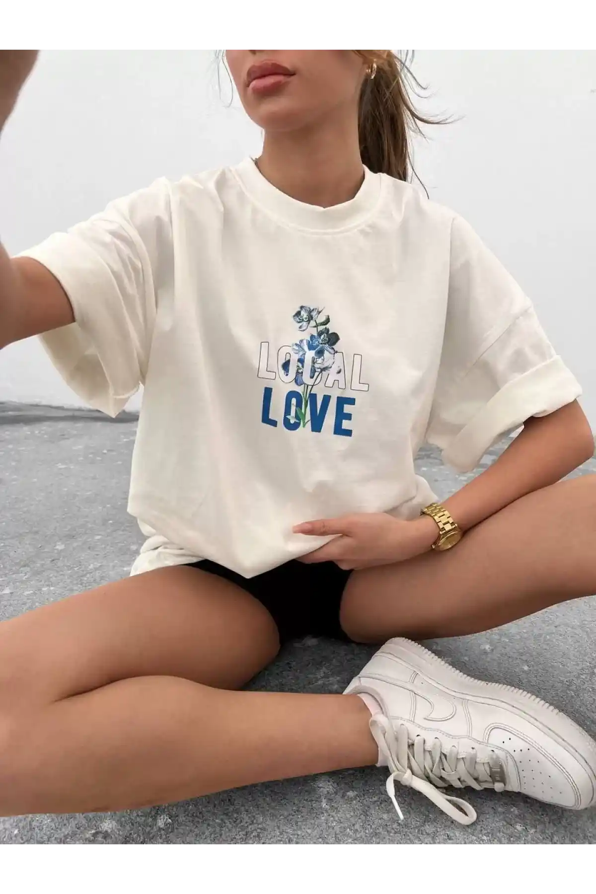 Unisex Bisiklet Yaka Baskılı Oversize T-Shirt - Beyaz