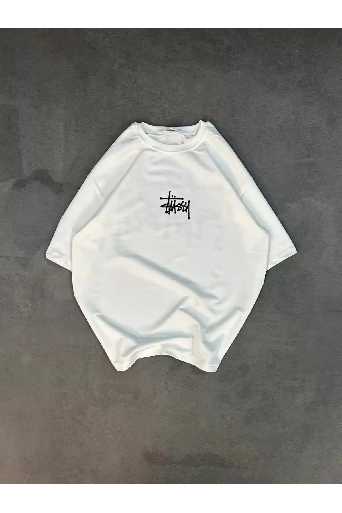 Unisex Bisiklet Yaka Baskılı Oversize T-Shirt - Beyaz