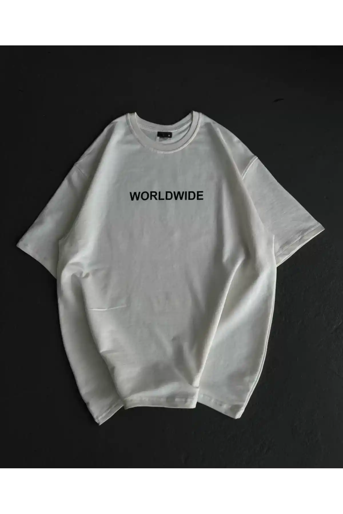 Unisex Bisiklet Yaka Baskılı Oversize T-Shirt - Beyaz