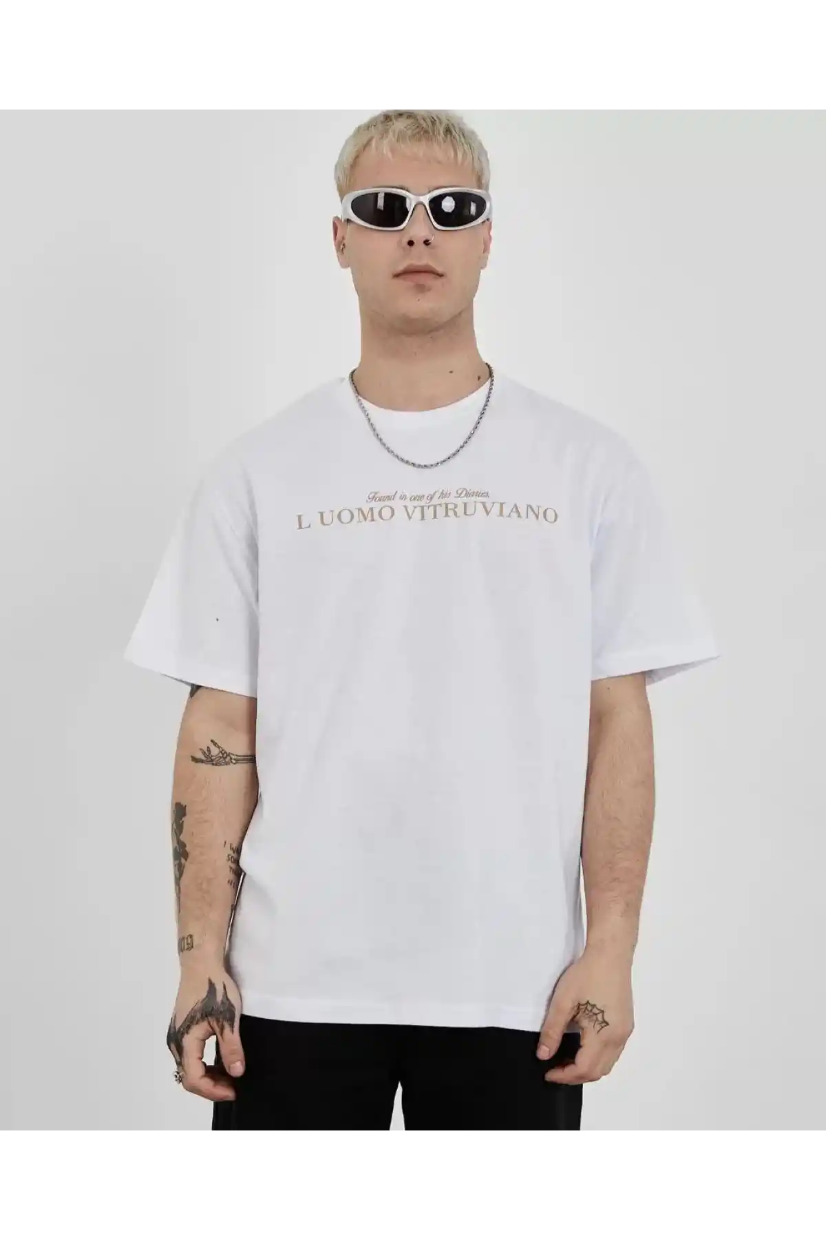 Unisex Bisiklet Yaka Baskılı Oversize T-Shirt - Beyaz