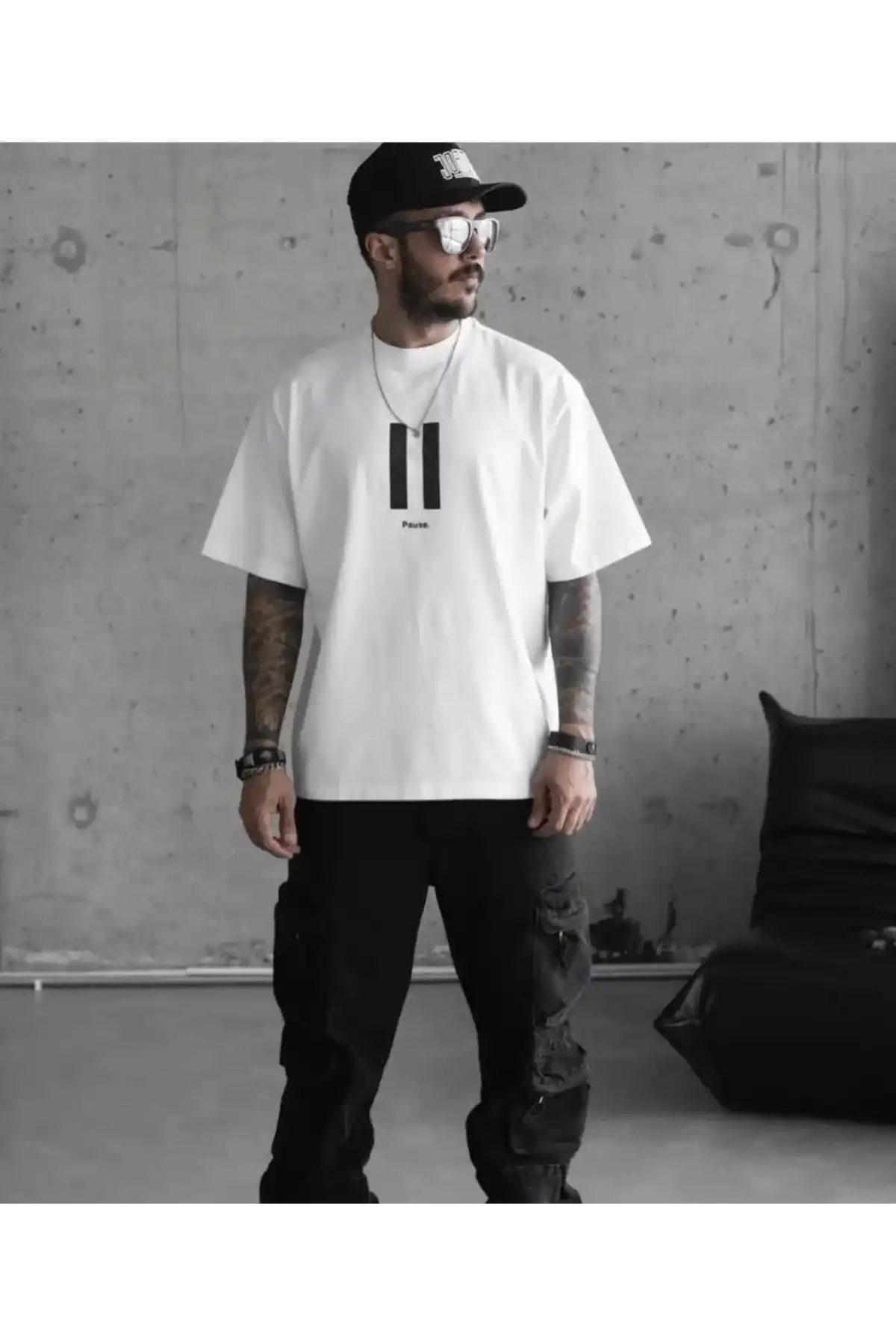 Unisex Bisiklet Yaka Baskılı Oversize T-Shirt - Beyaz