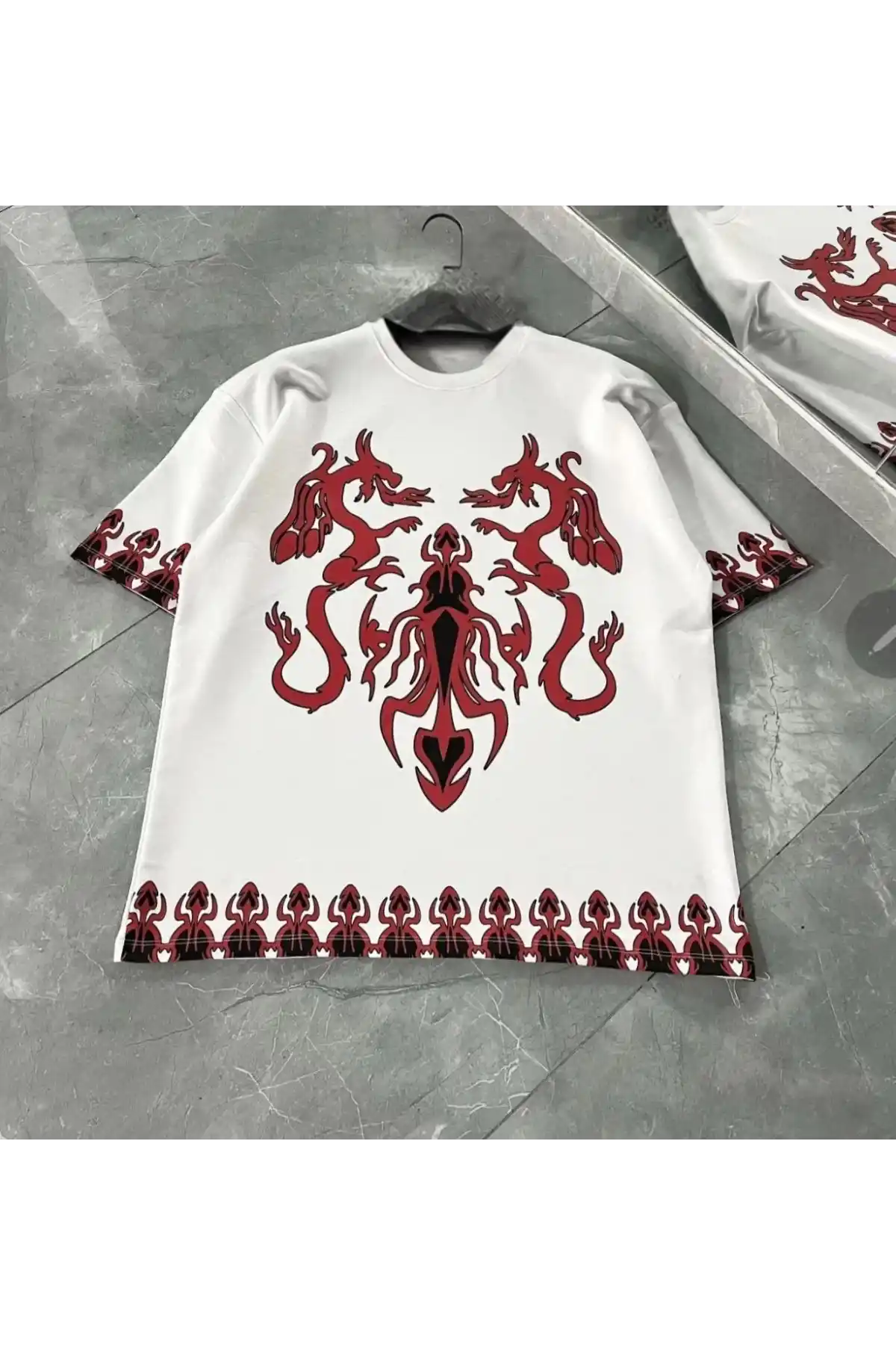 Unisex Bisiklet Yaka Baskılı Oversize T-Shirt - Beyaz