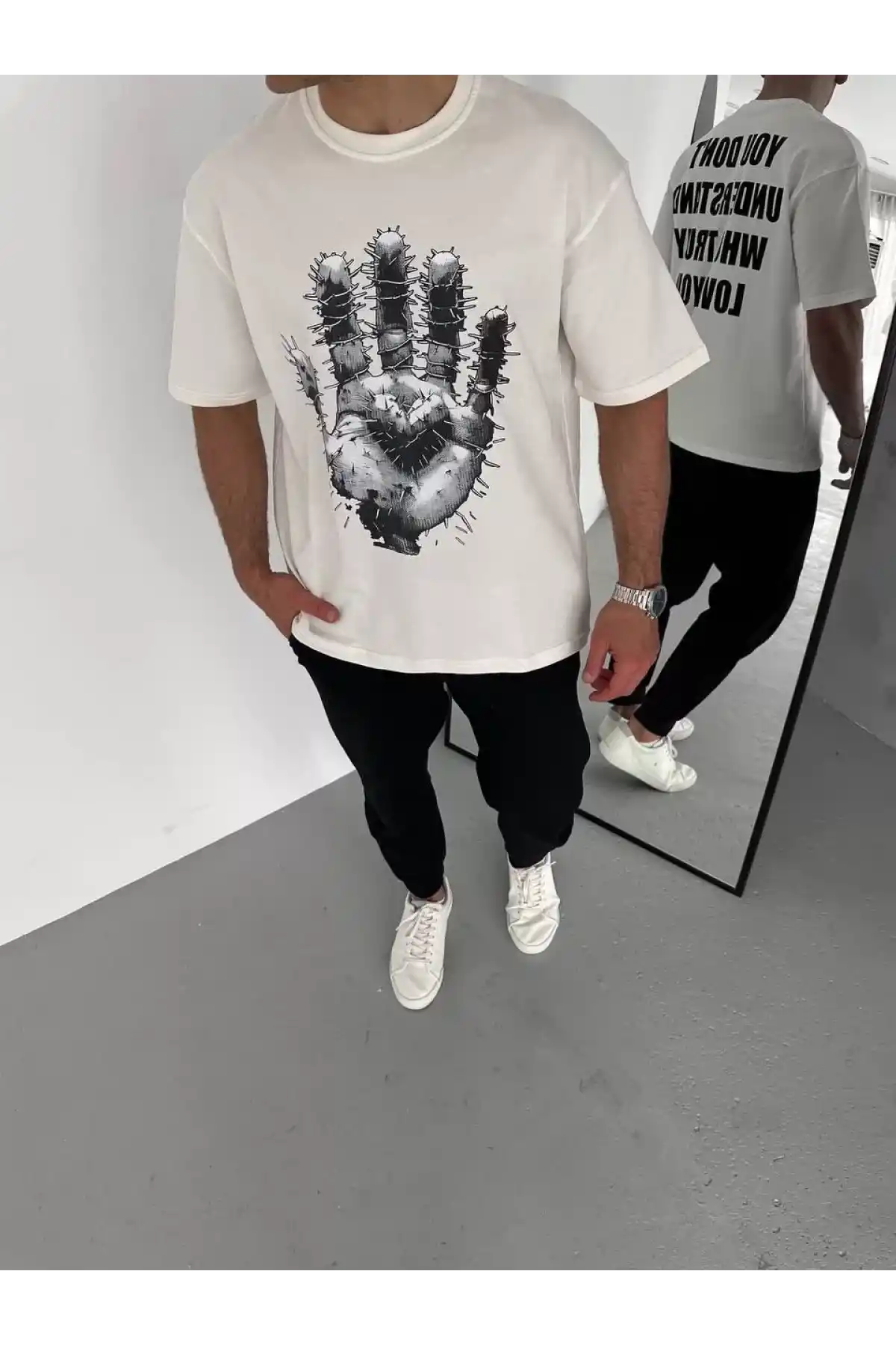 Unisex Bisiklet Yaka Baskılı Oversize T-Shirt - Beyaz