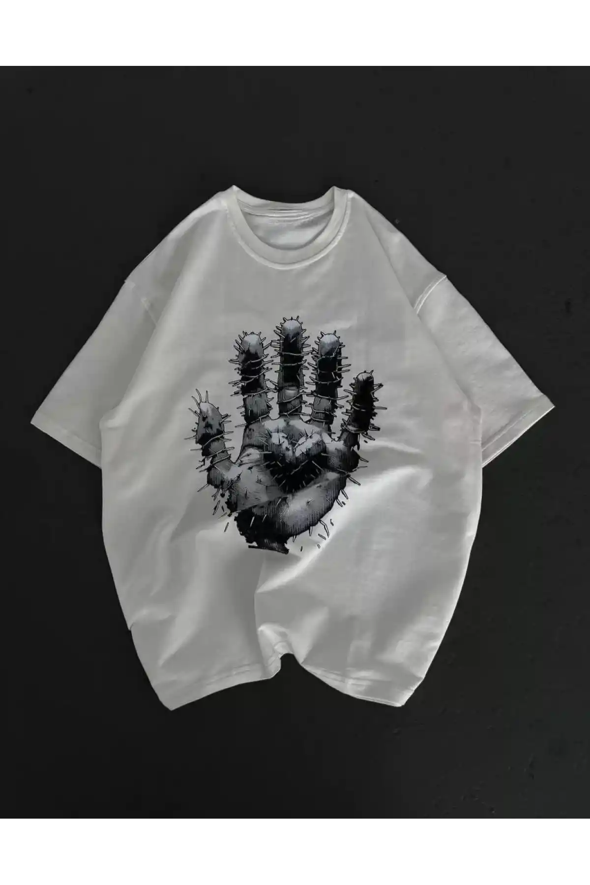 Unisex Bisiklet Yaka Baskılı Oversize T-Shirt - Beyaz