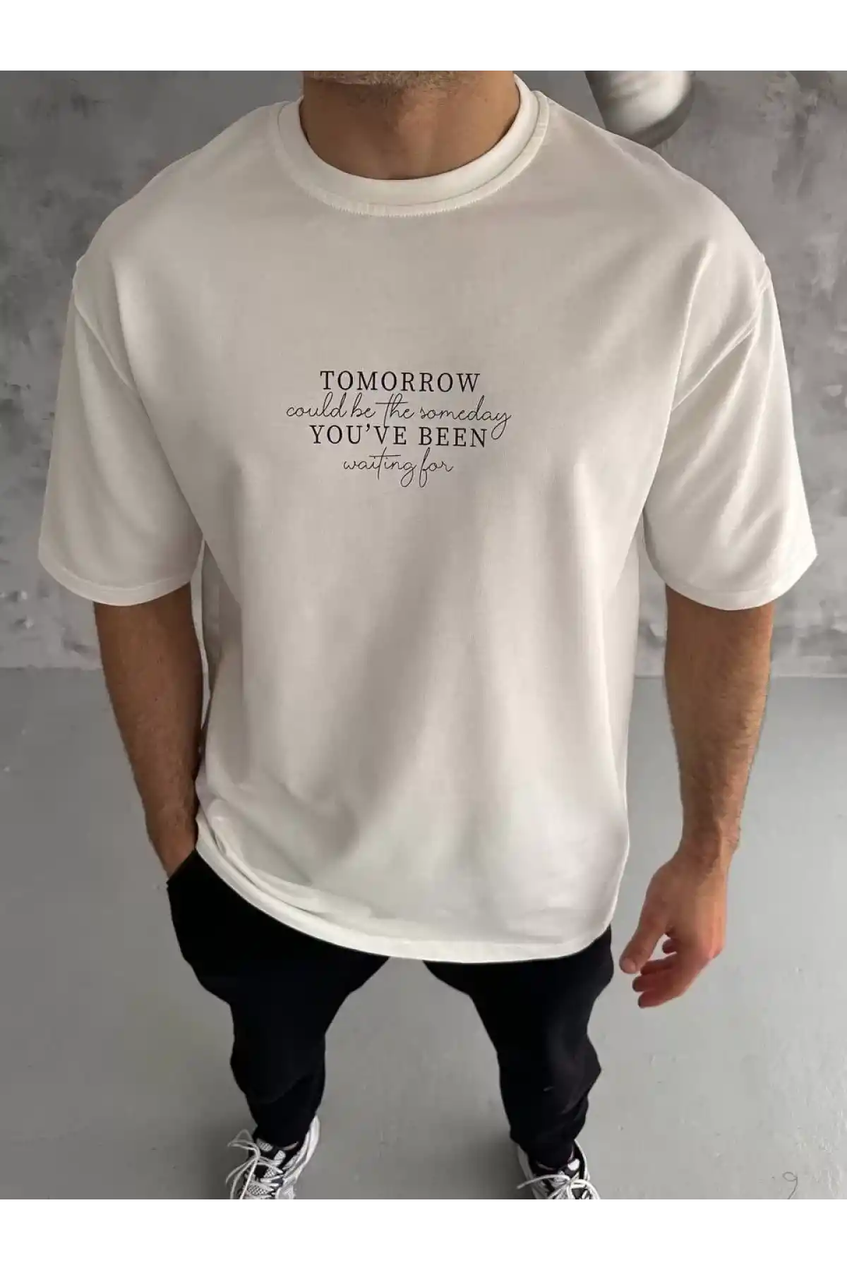 Unisex Bisiklet Yaka Baskılı Oversize T-Shirt - Beyaz