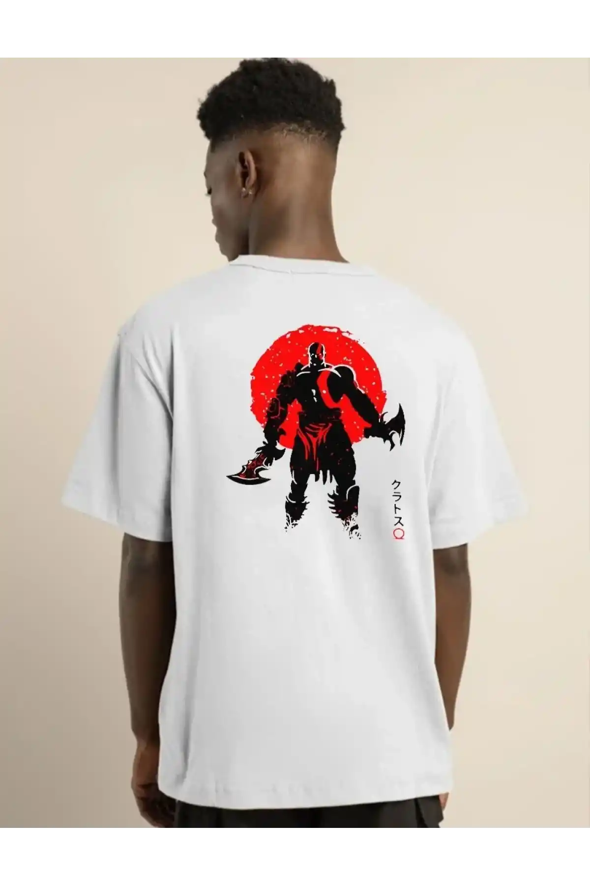 Unisex Bisiklet Yaka Baskılı Oversize T-Shirt - Beyaz