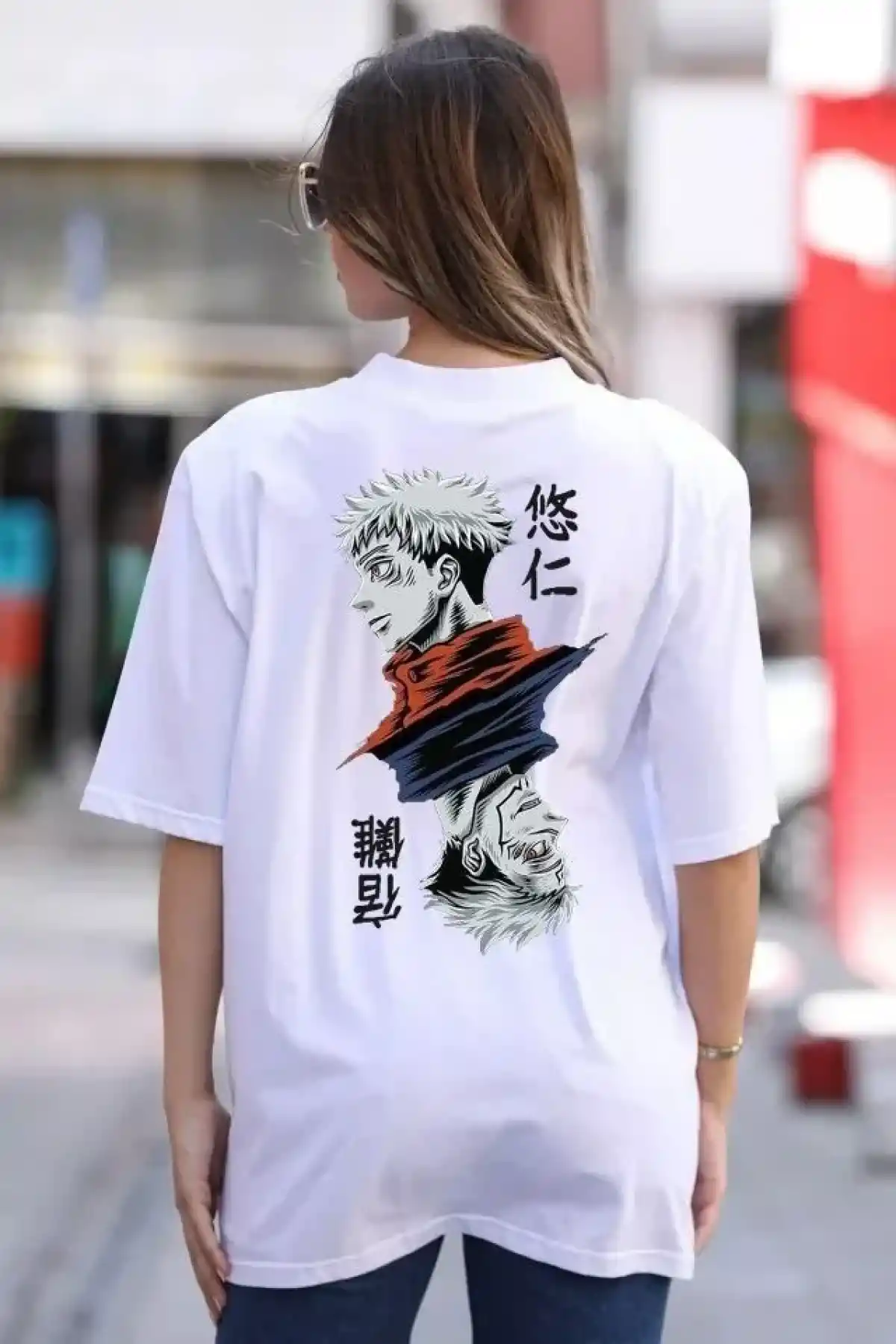 kadın Bisiklet Yaka Baskılı Oversize T-Shirt - Beyaz