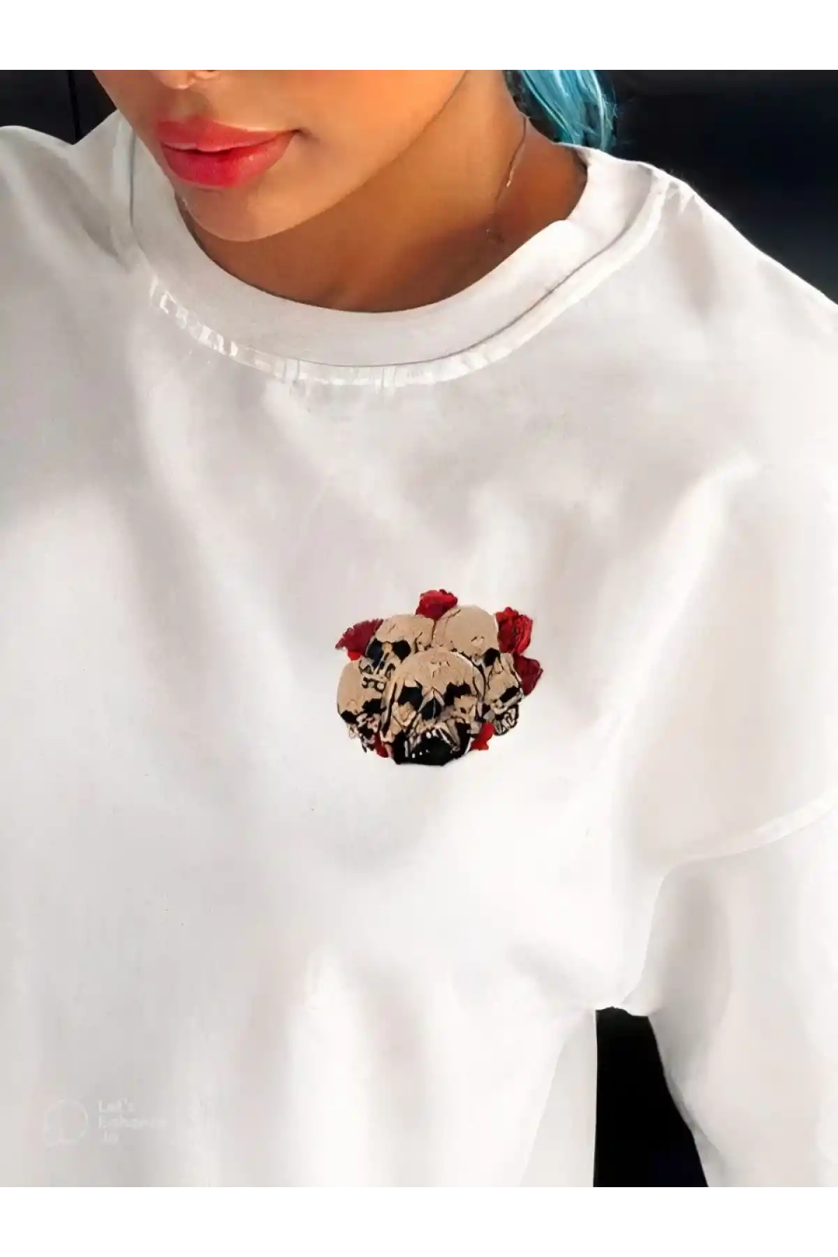 kadın Bisiklet Yaka Baskılı Oversize T-Shirt - Beyaz