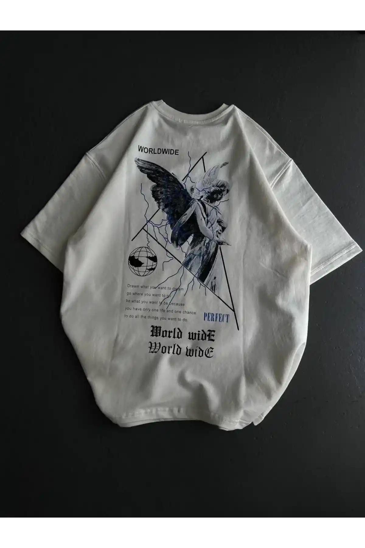 kadın Bisiklet Yaka Baskılı Oversize T-Shirt - Beyaz