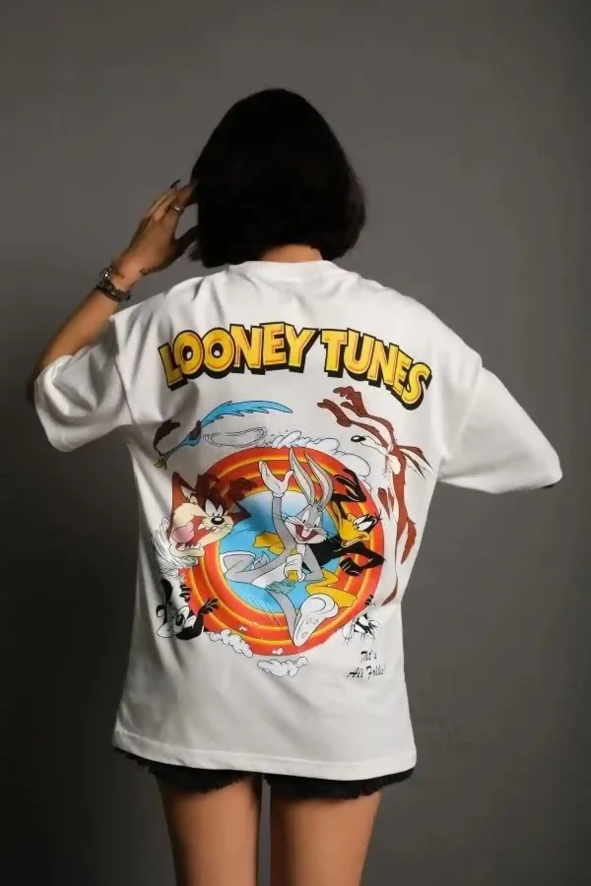 kadın Bisiklet Yaka Baskılı Oversize T-Shirt - Beyaz