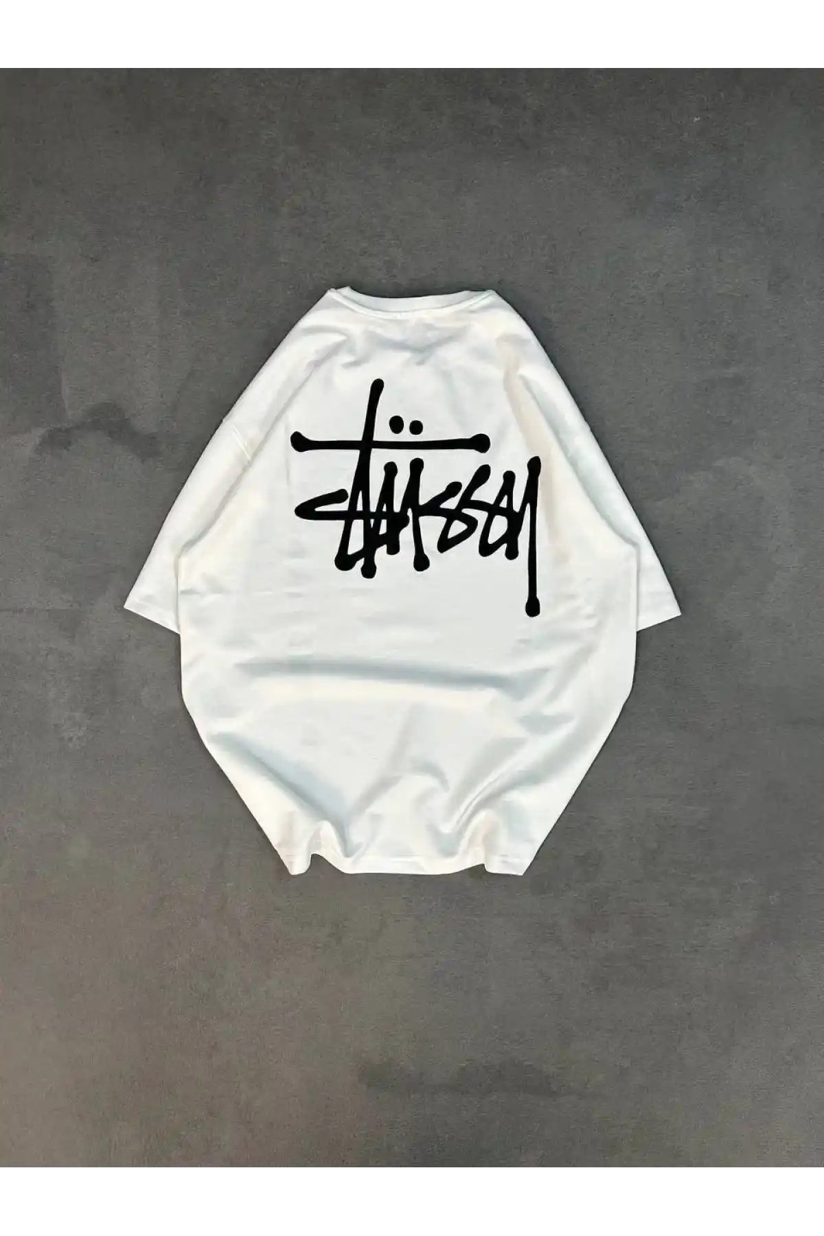 kadın  Bisiklet Yaka Baskılı Oversize T-Shirt - Beyaz