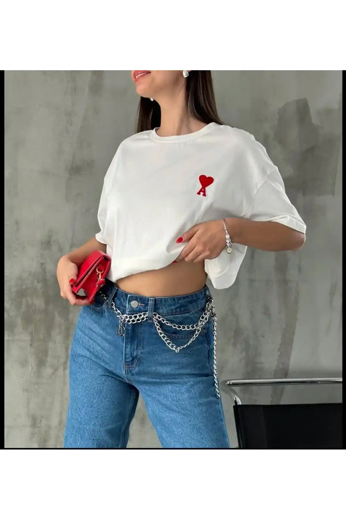 kadın Bisiklet Yaka Baskılı Oversize T-Shirt - Beyaz