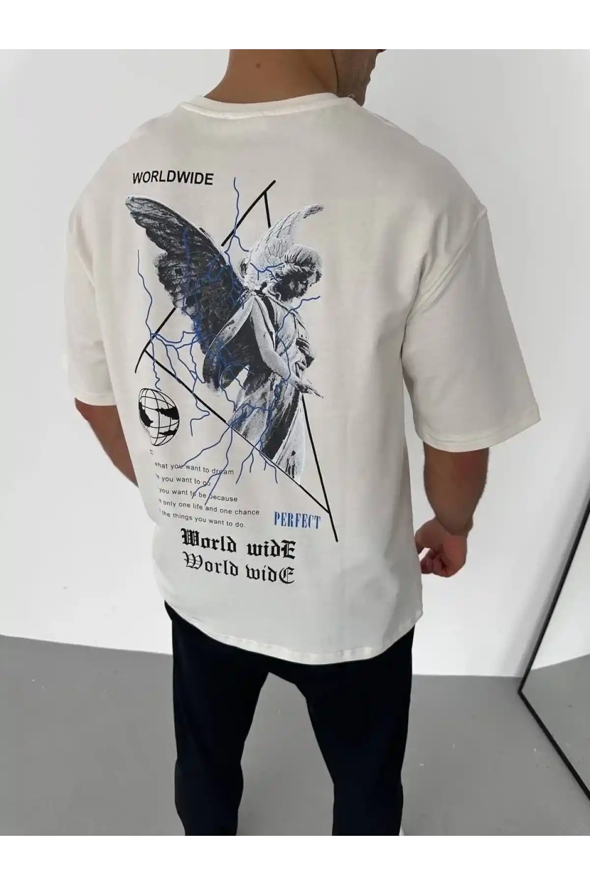 Unisex Bisiklet Yaka Baskılı Oversize T-Shirt - Beyaz