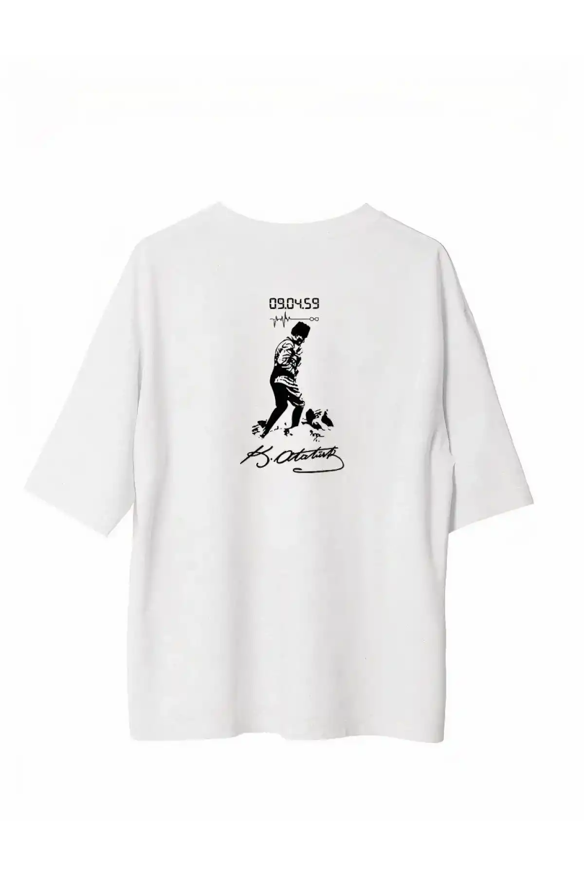 Erkek Bisiklet Yaka Baskılı Oversize T-Shirt - Beyaz