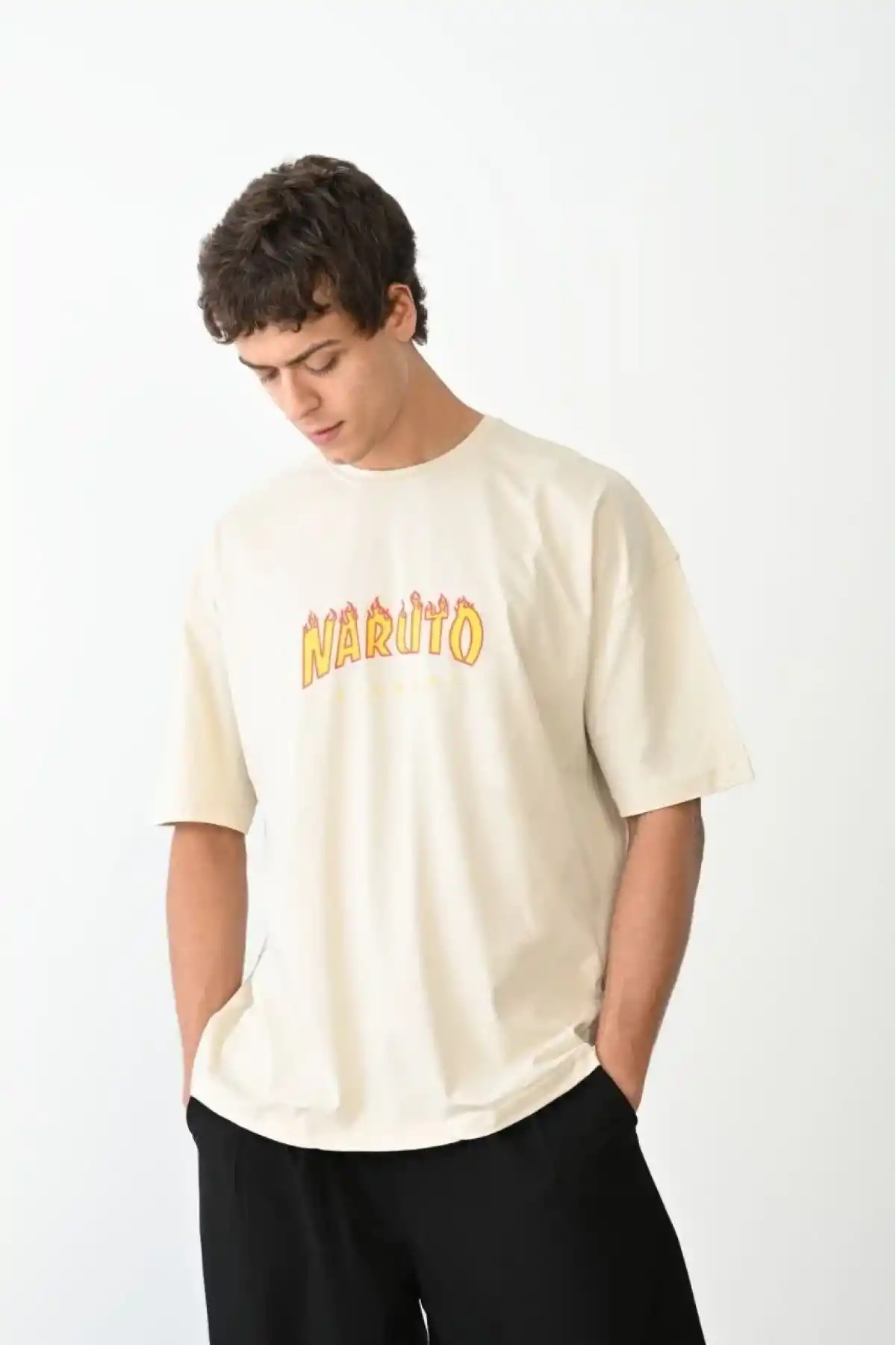 ERKEK Bisiklet Yaka Baskılı Oversize T-Shirt - Beyaz