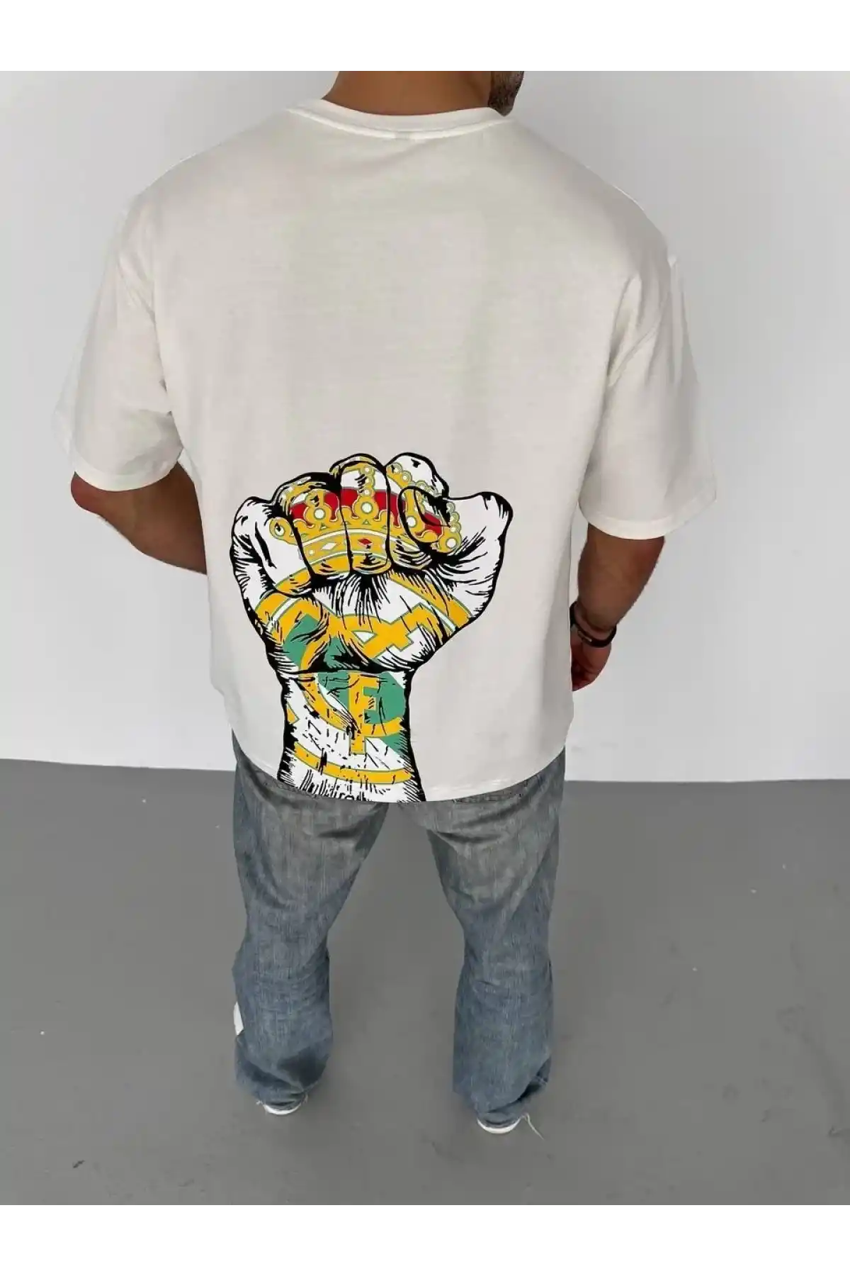 Erkek  Bisiklet Yaka Baskılı Oversize T-Shirt - Beyaz